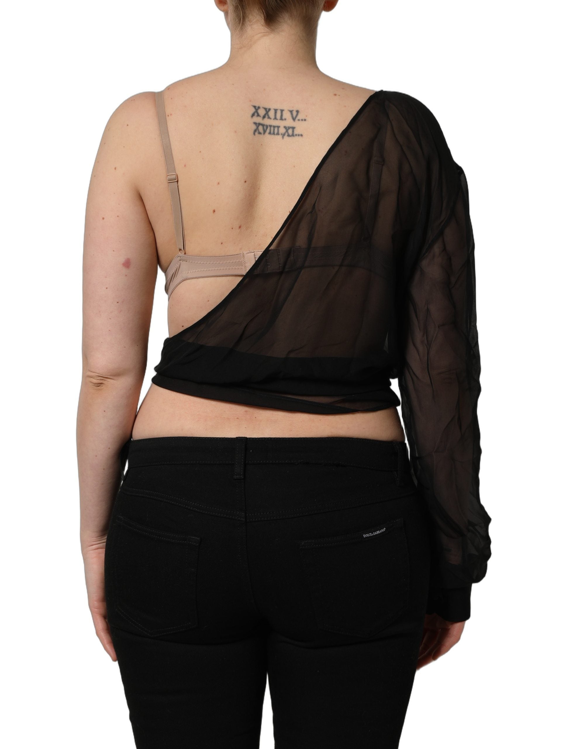 Dolce & Gabbana Black Wrap Sheer Chiffon One Shoulder Top