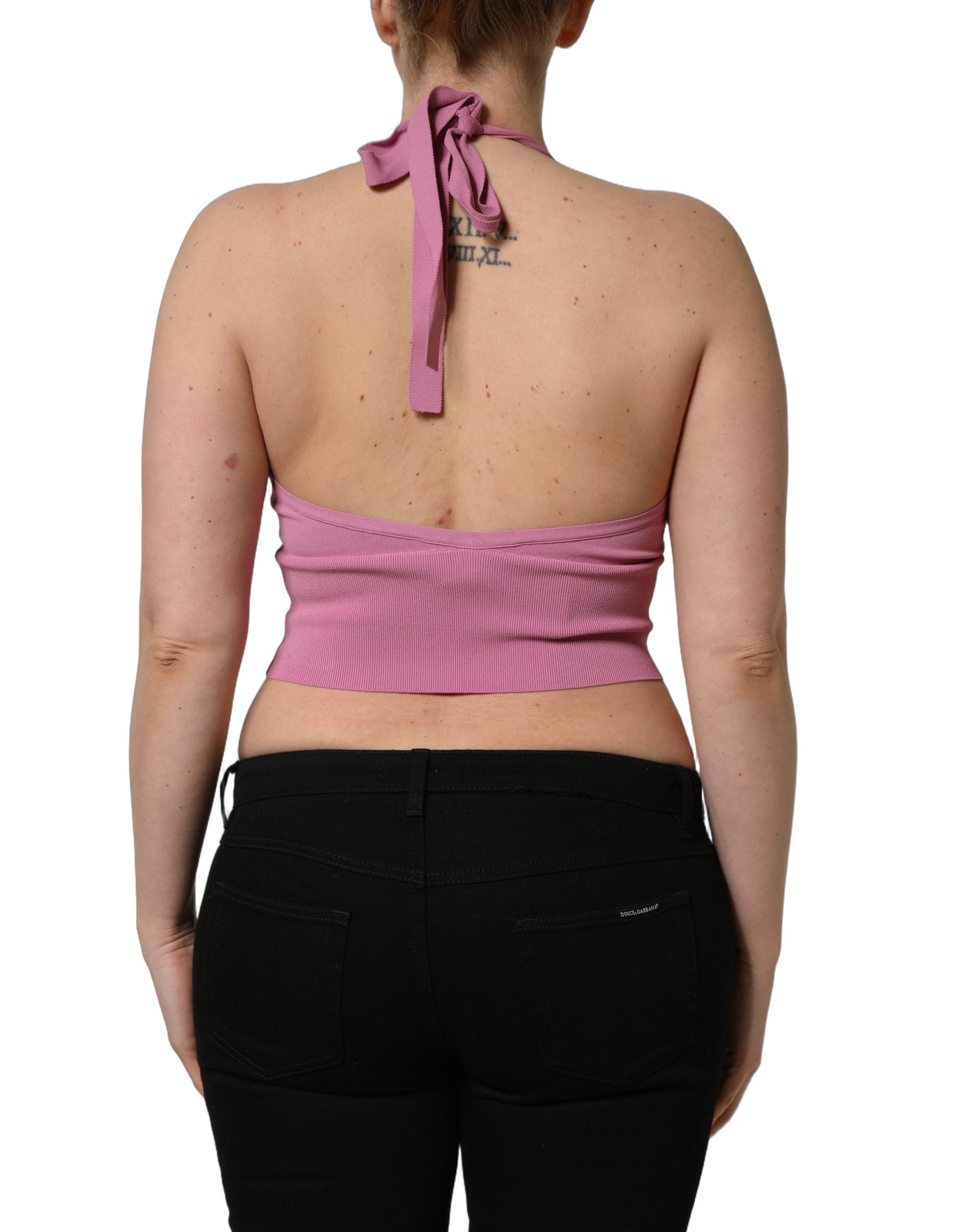 Dolce & Gabbana Pink Halter Neck Fitted Cropped Tank Top