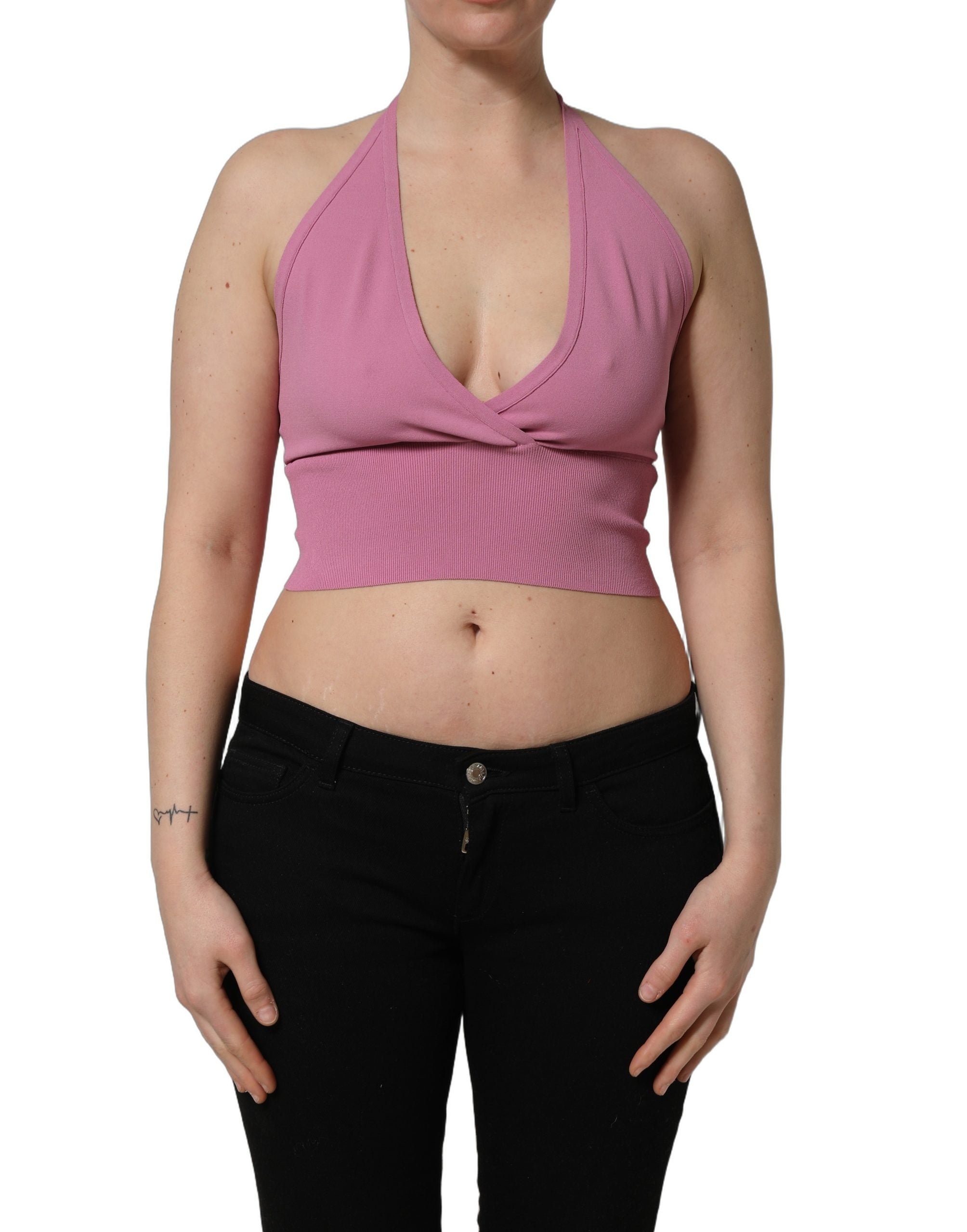 Dolce & Gabbana Pink Halter Neck Fitted Cropped Tank Top