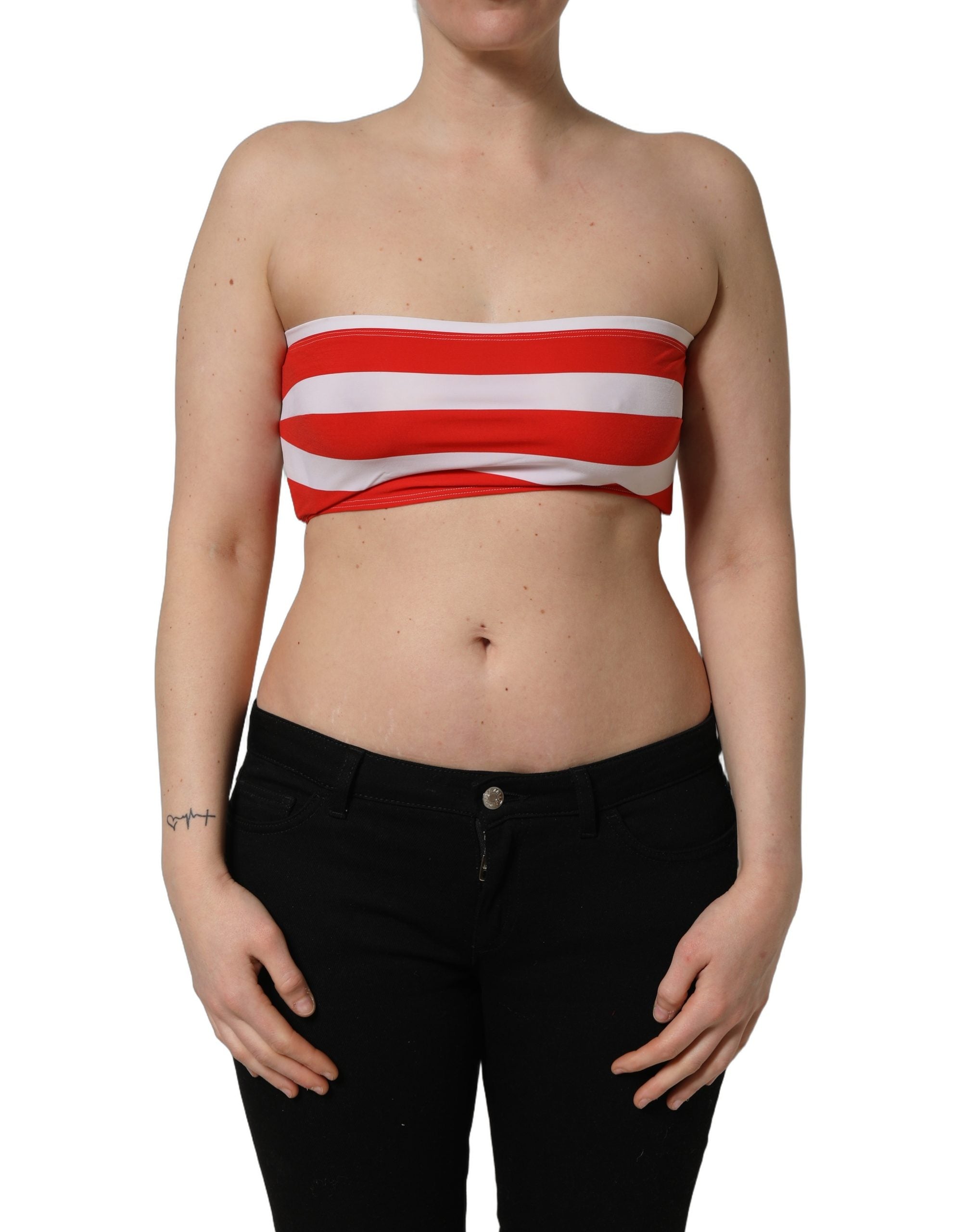 Dolce & Gabbana White Red Nylon Striped Ribbed Tube Crop Top