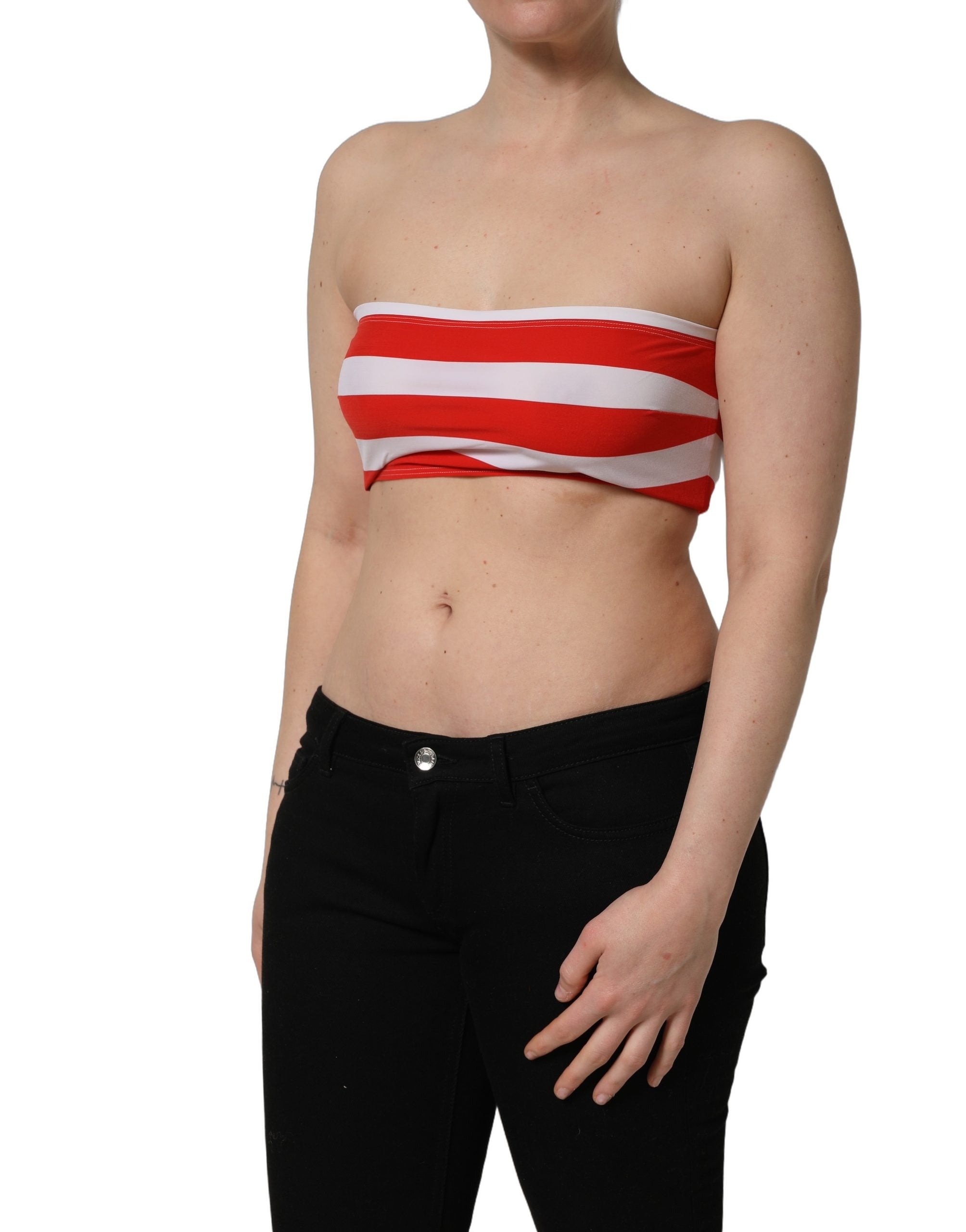 Dolce & Gabbana White Red Nylon Striped Ribbed Tube Crop Top