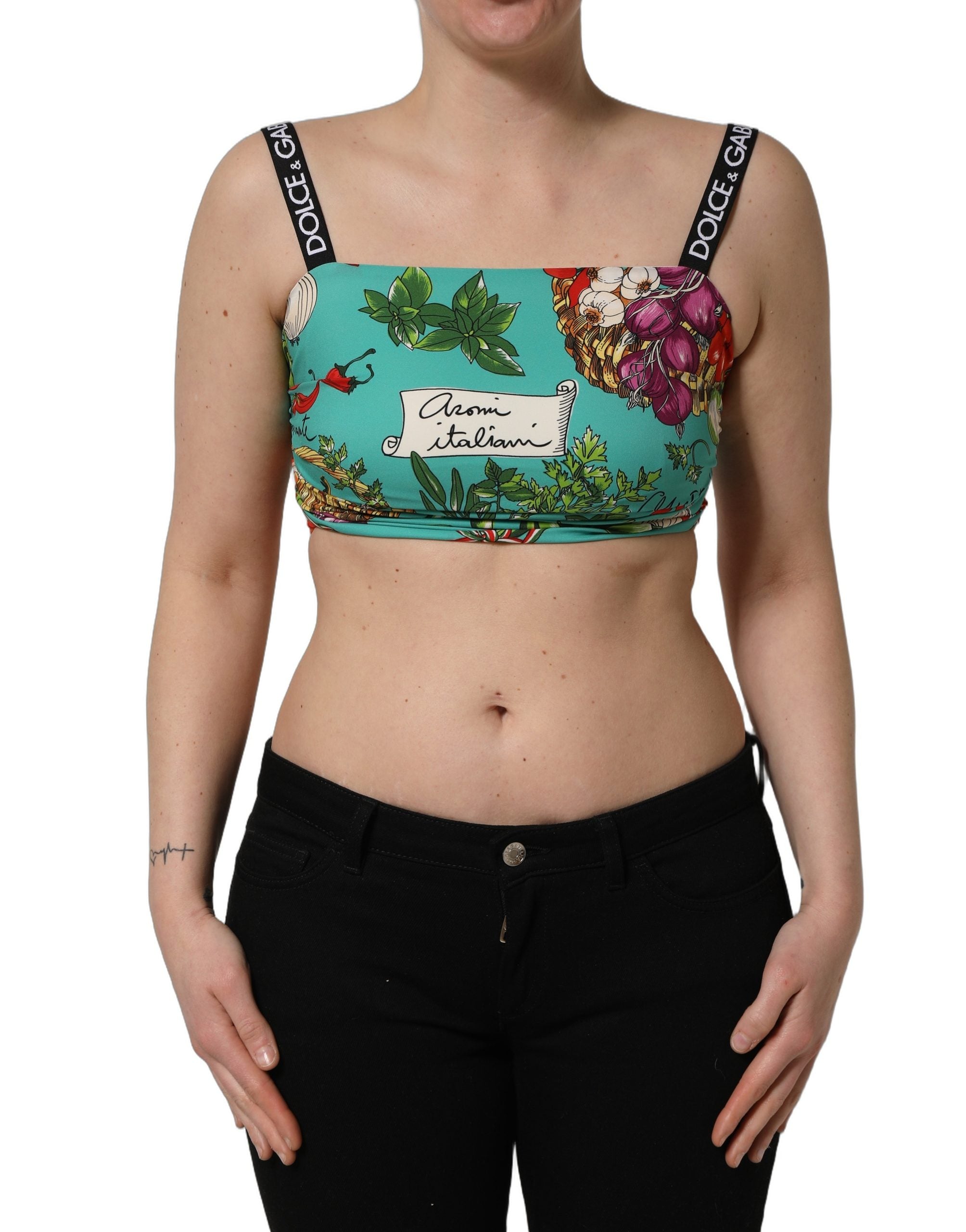 Dolce & Gabbana Turquoise Vegetable Print Silk Crop Tank Top