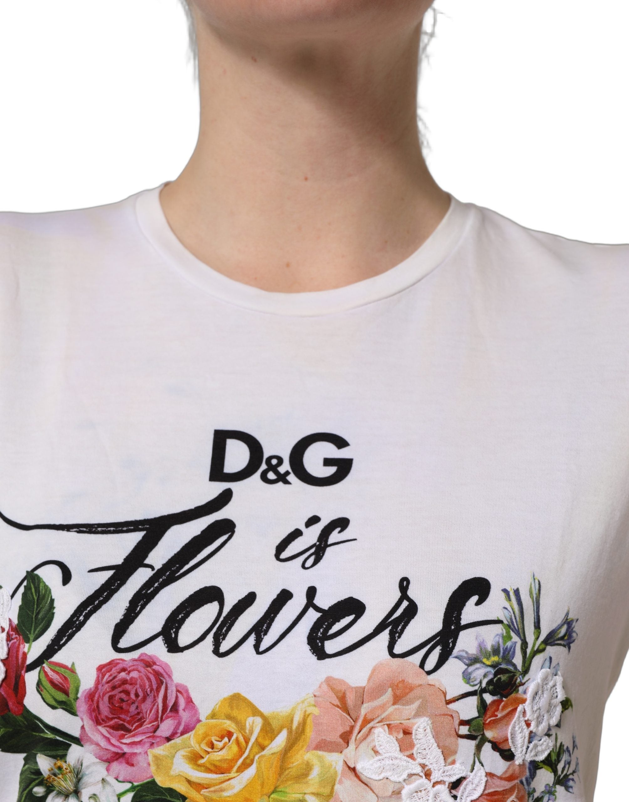 Dolce & Gabbana White D&G is Flowers Print Round Neck T-shirt