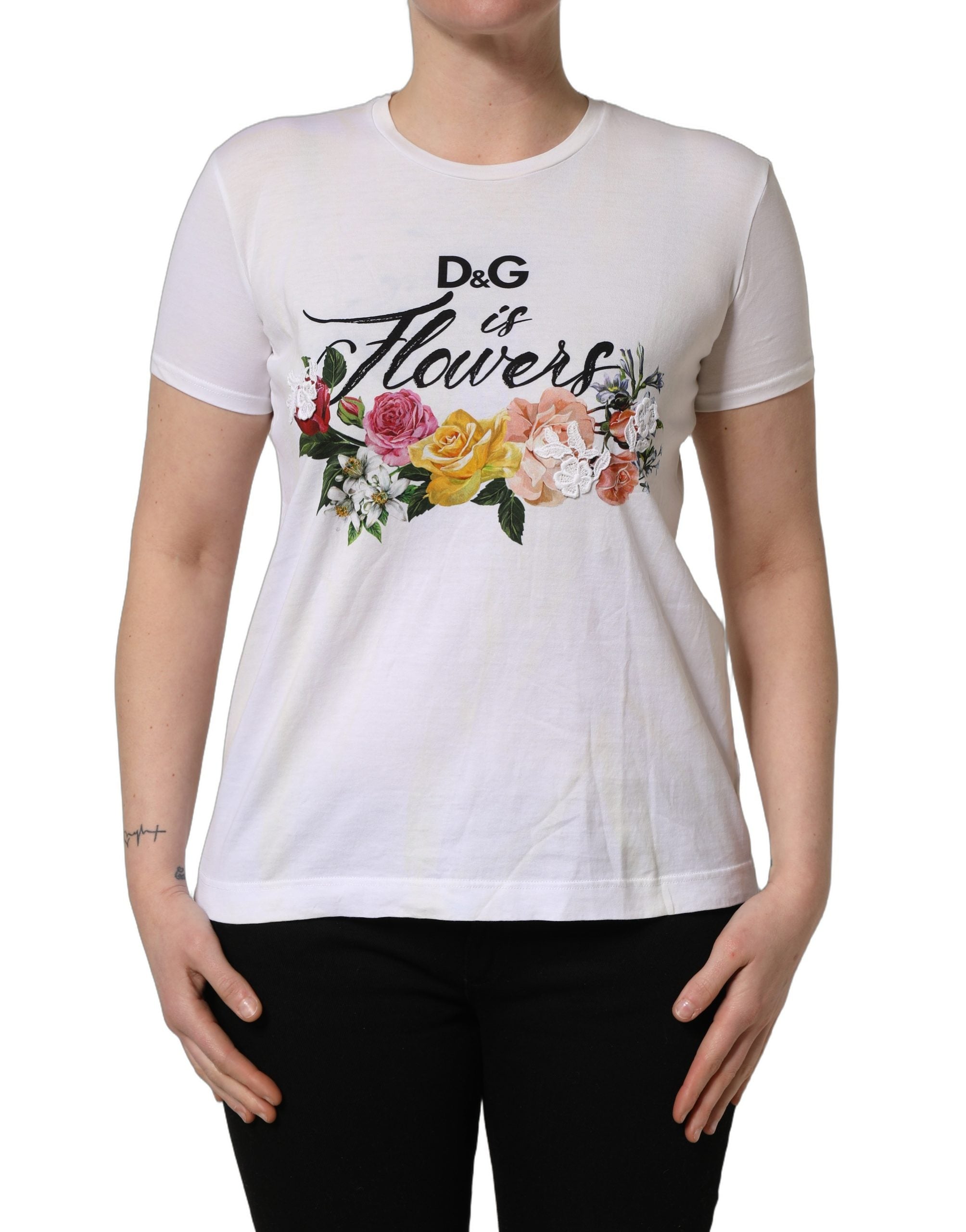 Dolce & Gabbana White D&G is Flowers Print Round Neck T-shirt