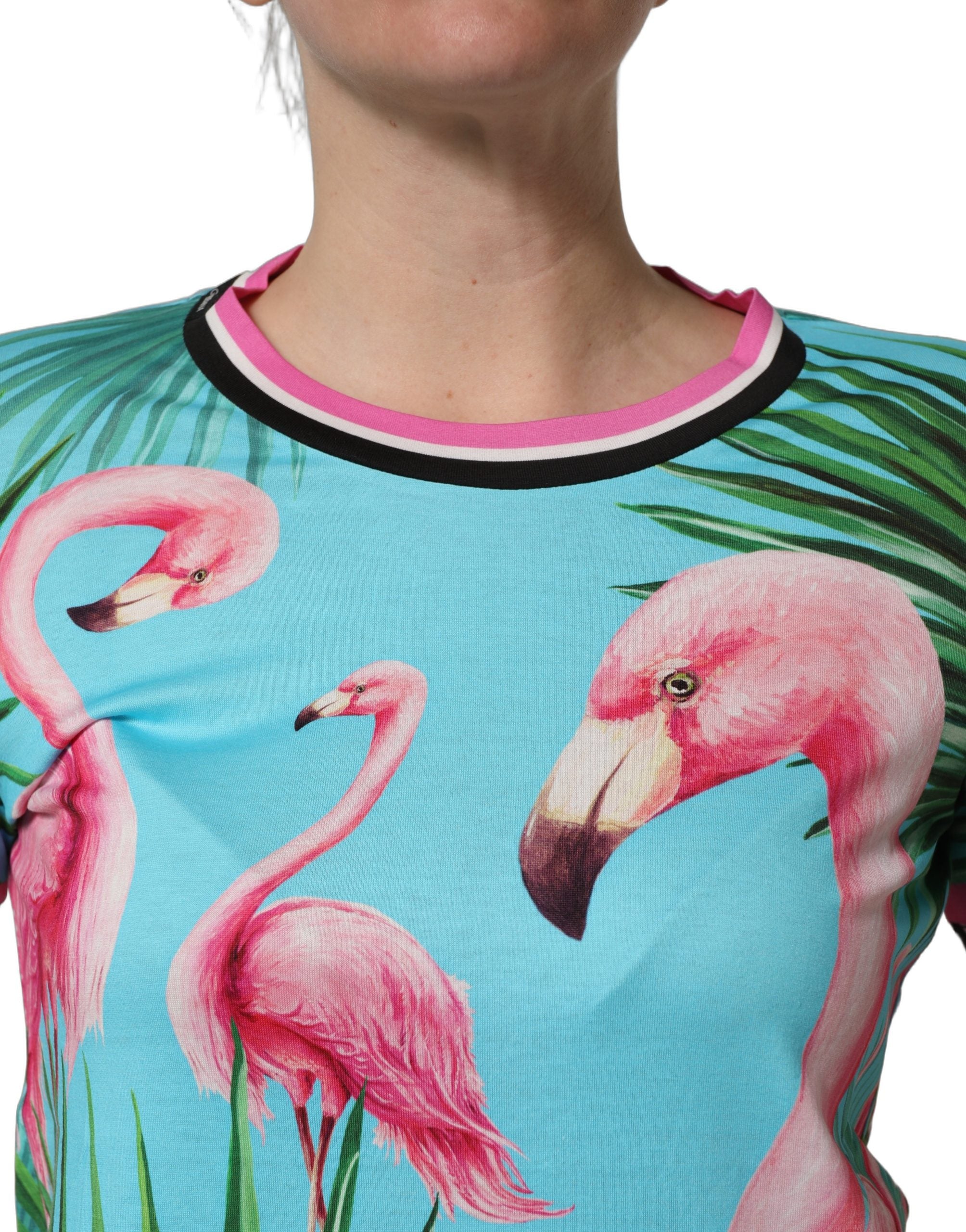 Dolce & Gabbana Multicolor Flamingo ZebraStriped Trim T-shirt