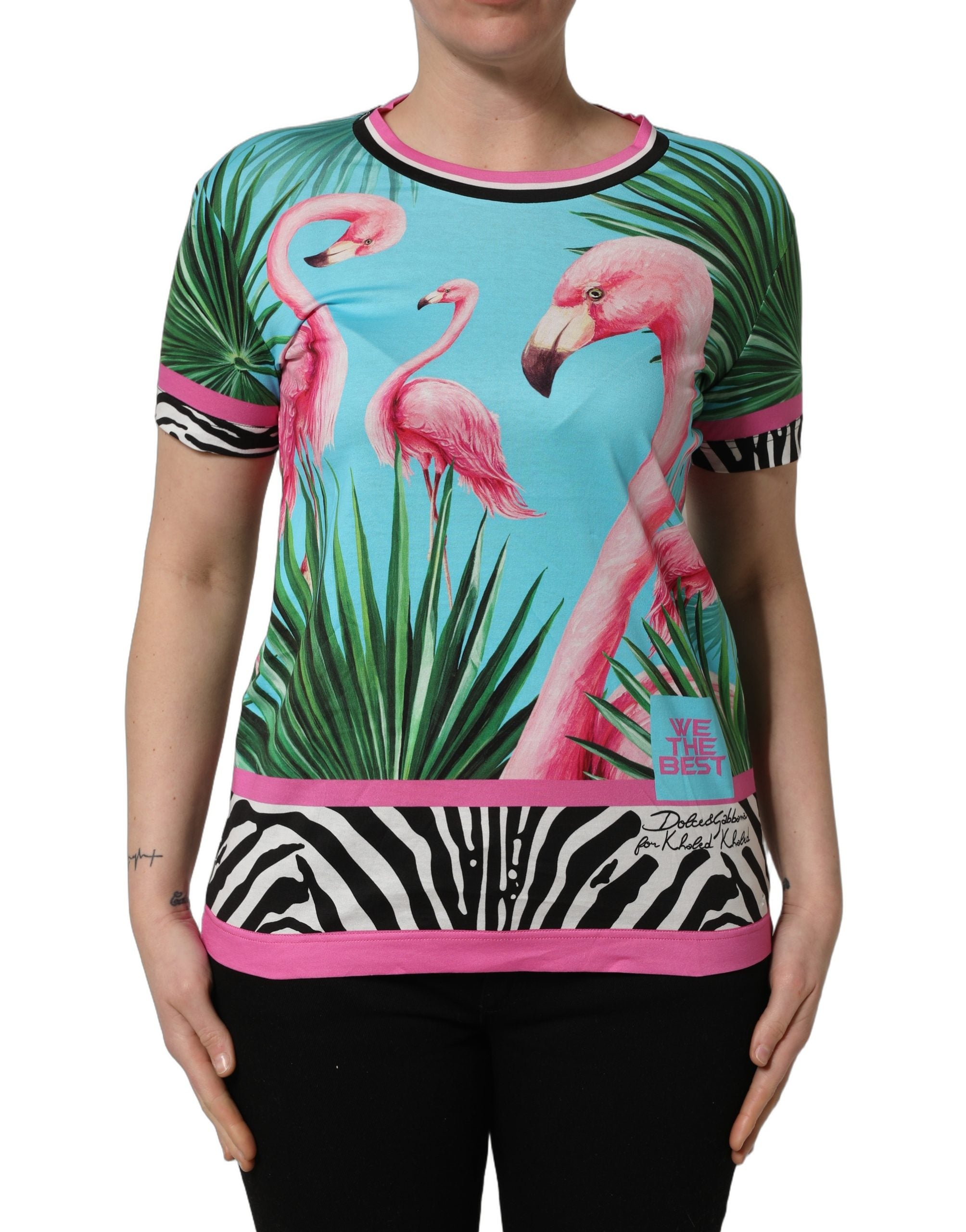 Dolce & Gabbana Multicolor Flamingo ZebraStriped Trim T-shirt
