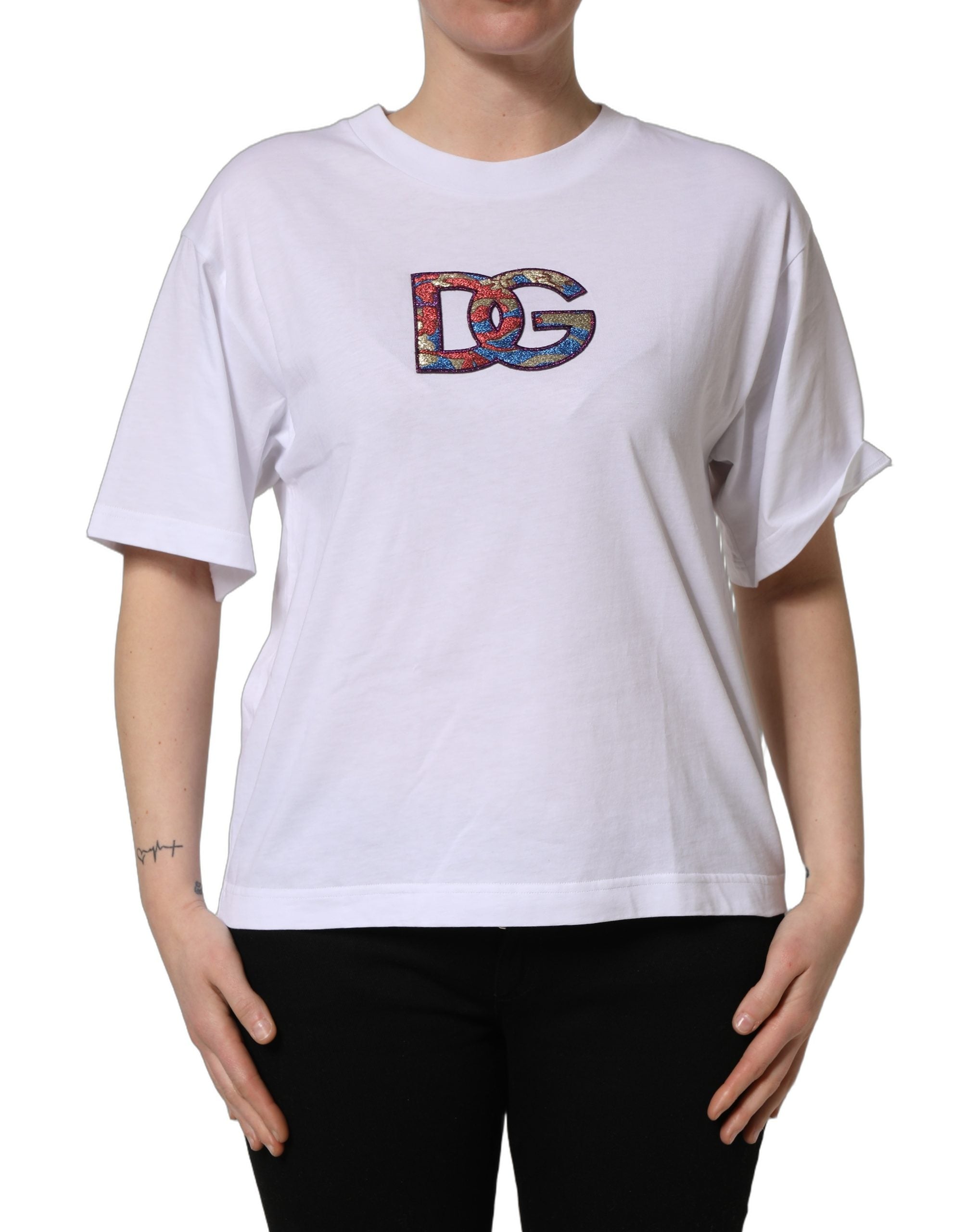 Dolce & Gabbana White Cotton DG Logo Patch Crew Neck T-shirt