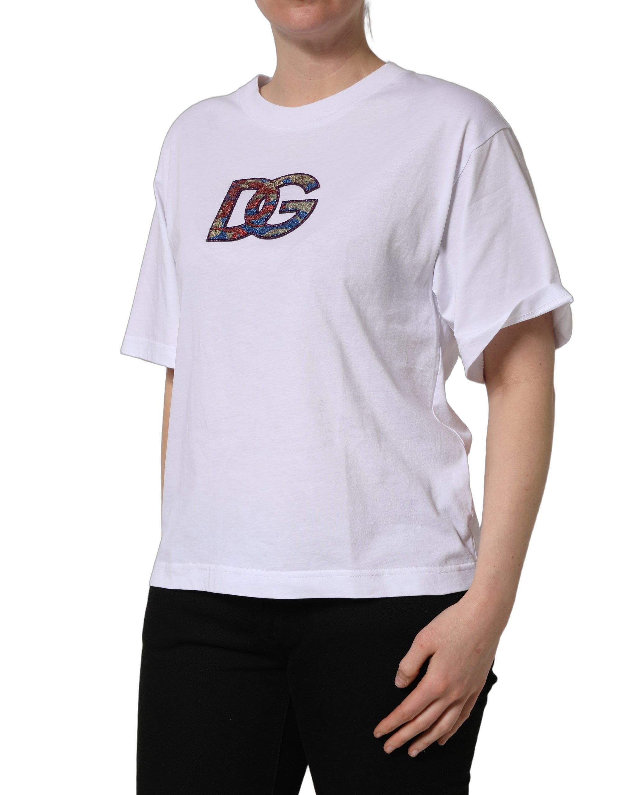 Dolce & Gabbana White Cotton DG Logo Patch Crew Neck T-shirt