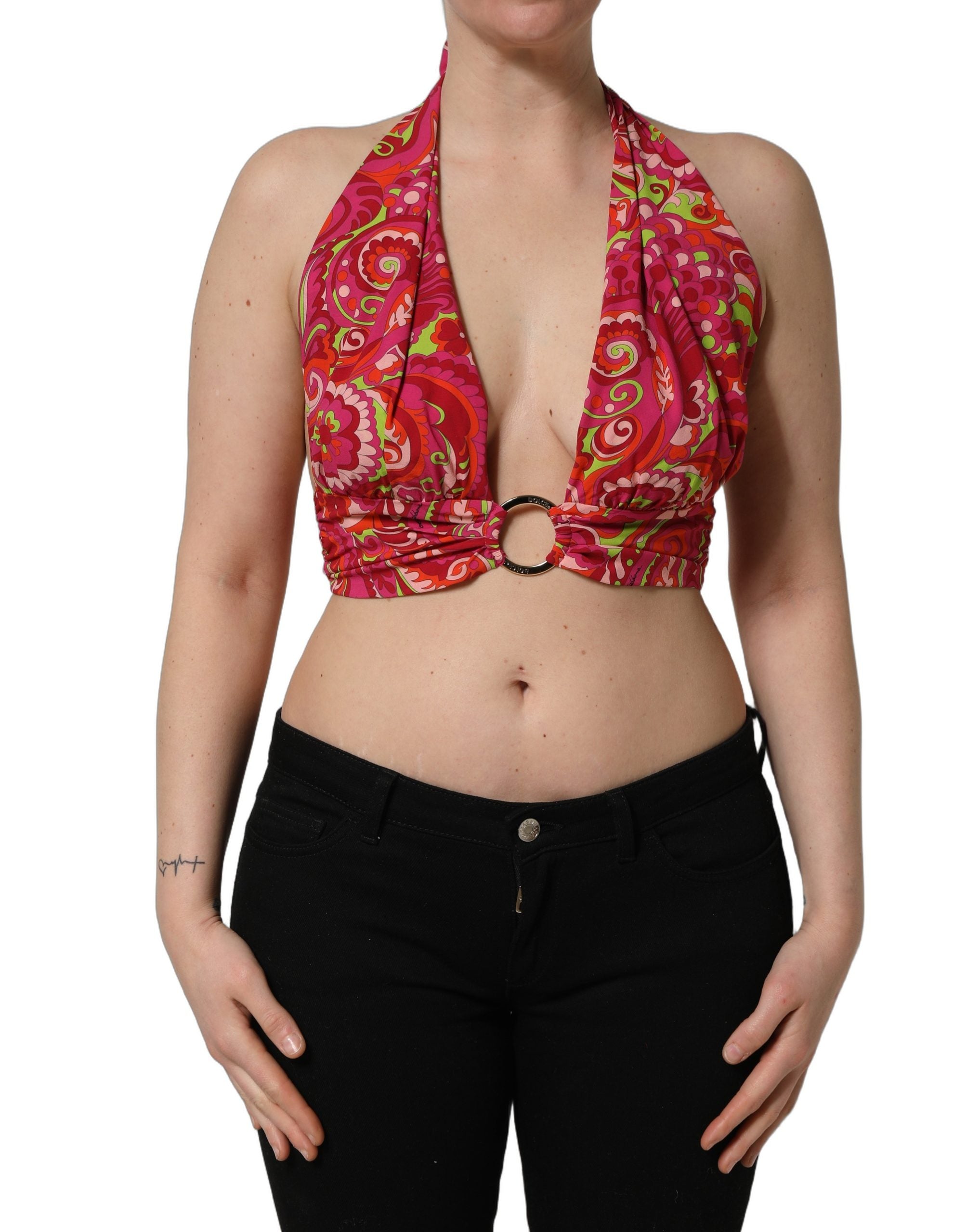 Dolce & Gabbana Red Paisley Silk Halter Neck Crop Tank Top