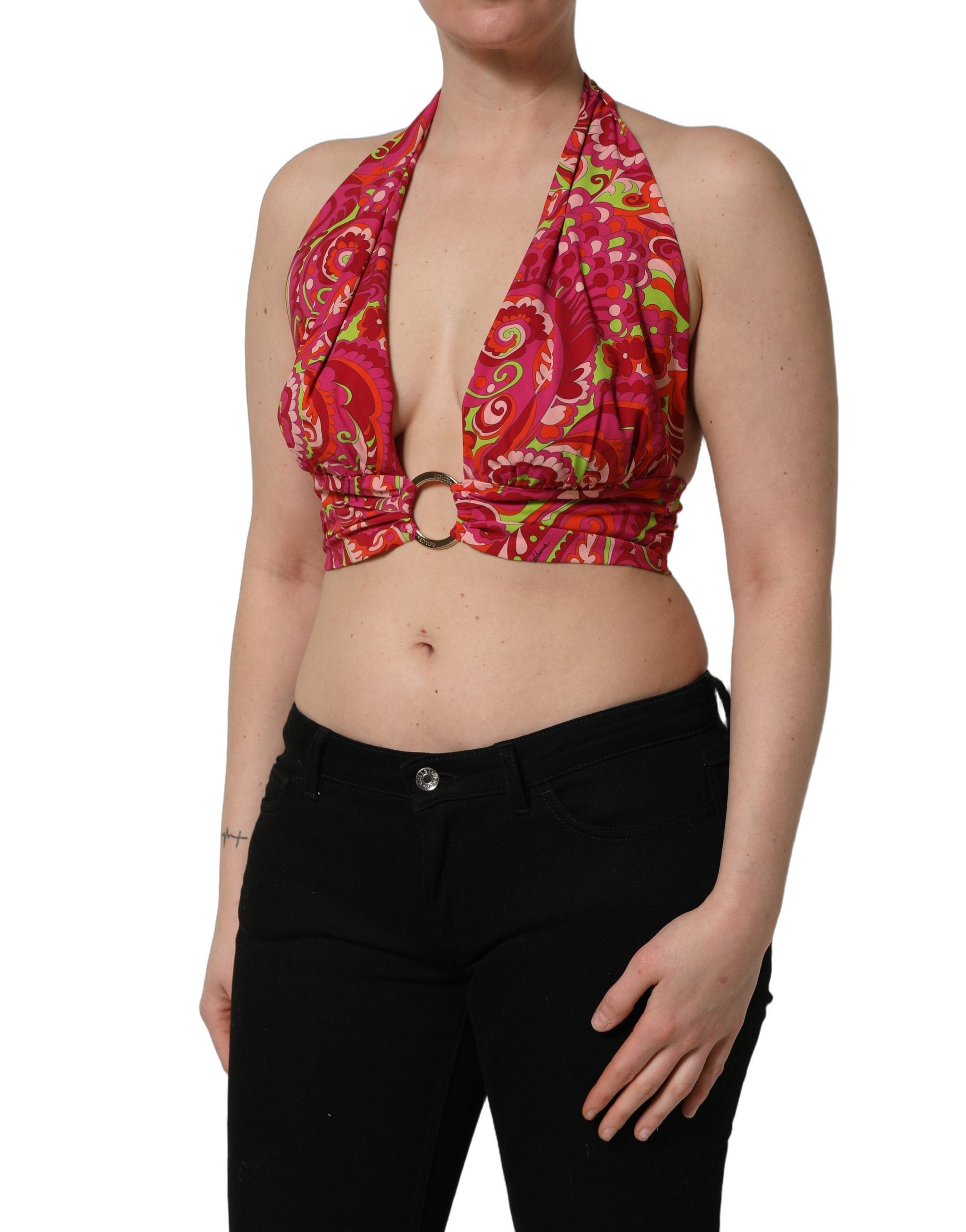 Dolce & Gabbana Red Paisley Silk Halter Neck Crop Tank Top