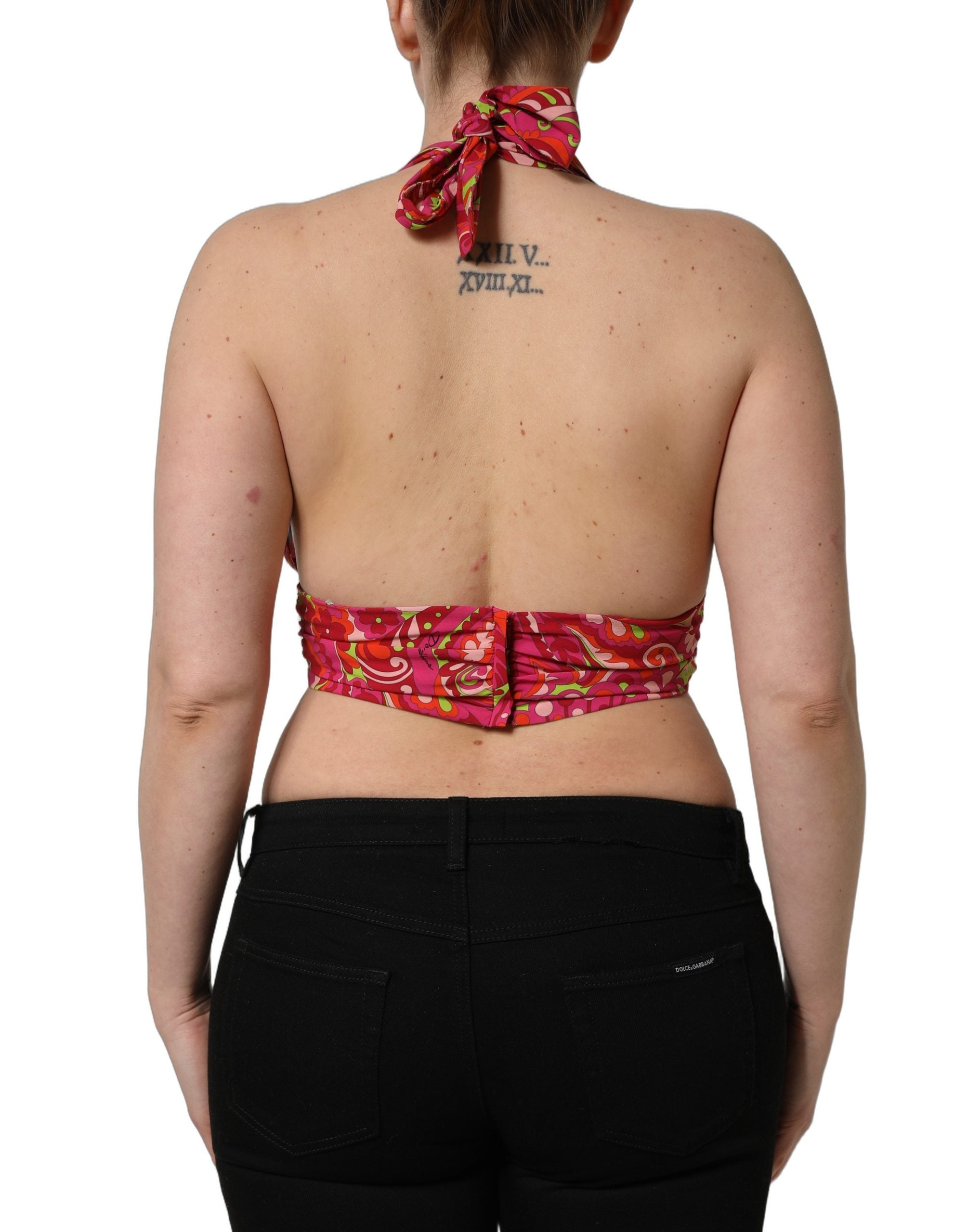 Dolce & Gabbana Red Paisley Silk Halter Neck Crop Tank Top