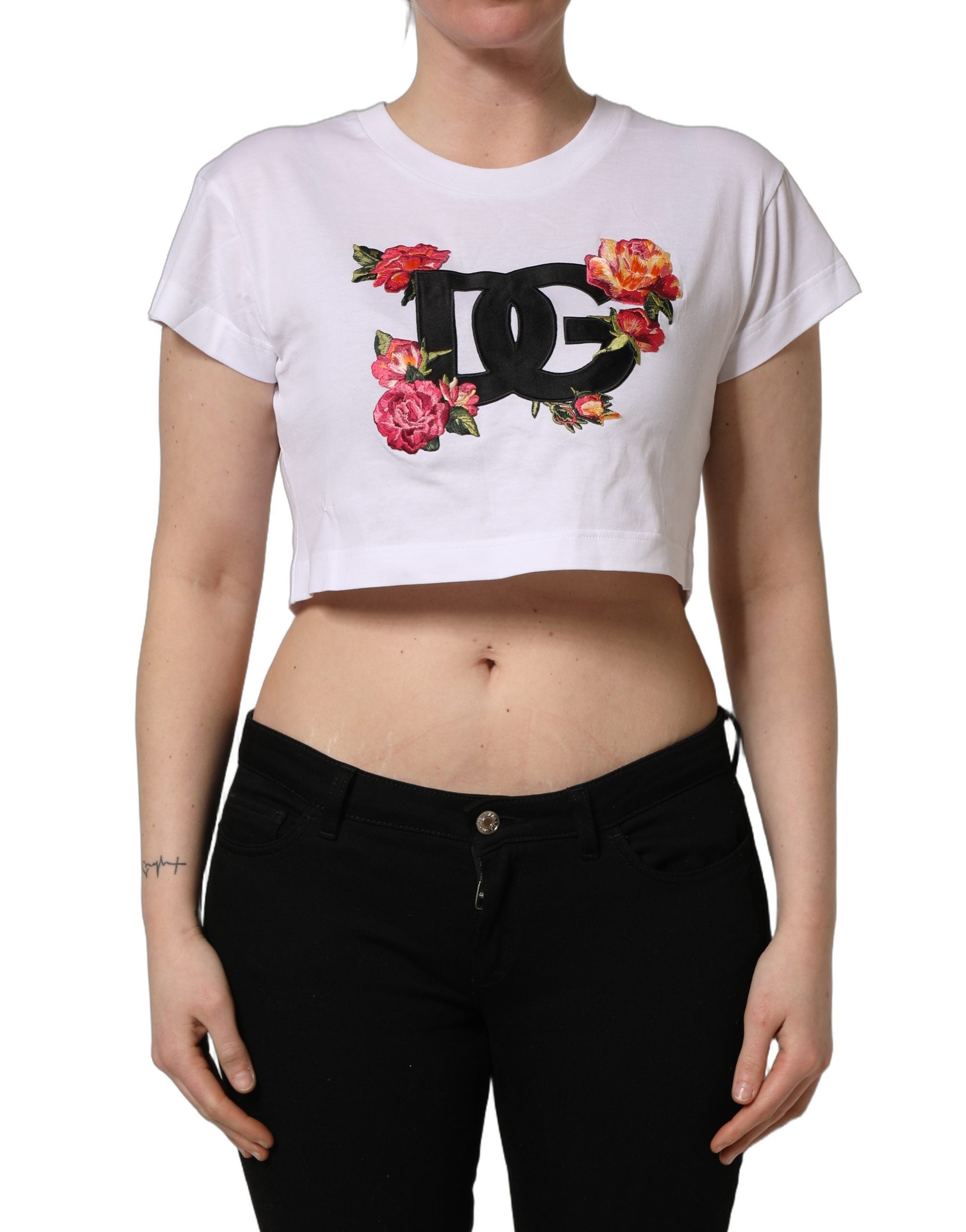 Dolce & Gabbana White DG Floral Cotton Jersey Crop T-shirt