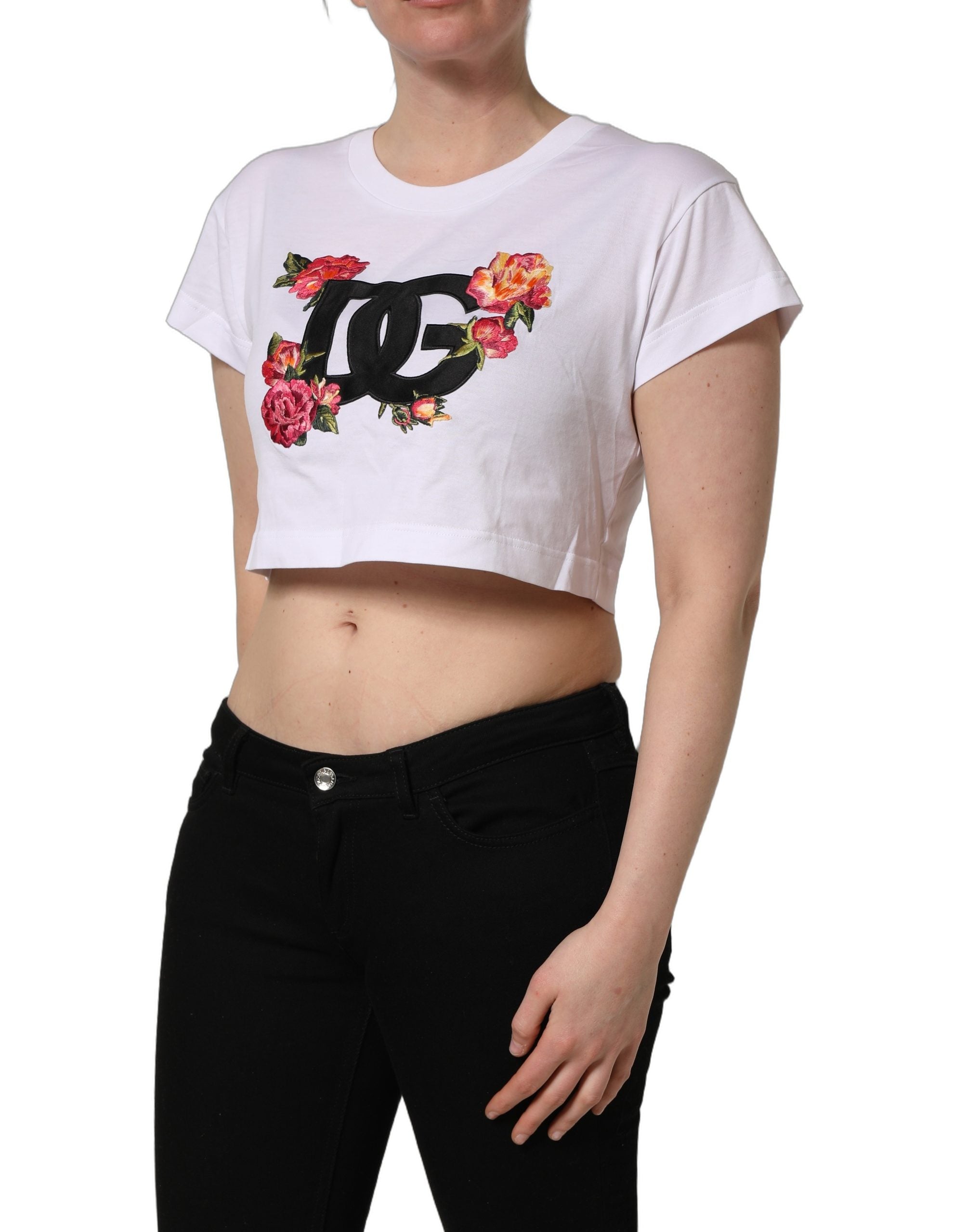 Dolce & Gabbana White DG Floral Cotton Jersey Crop T-shirt