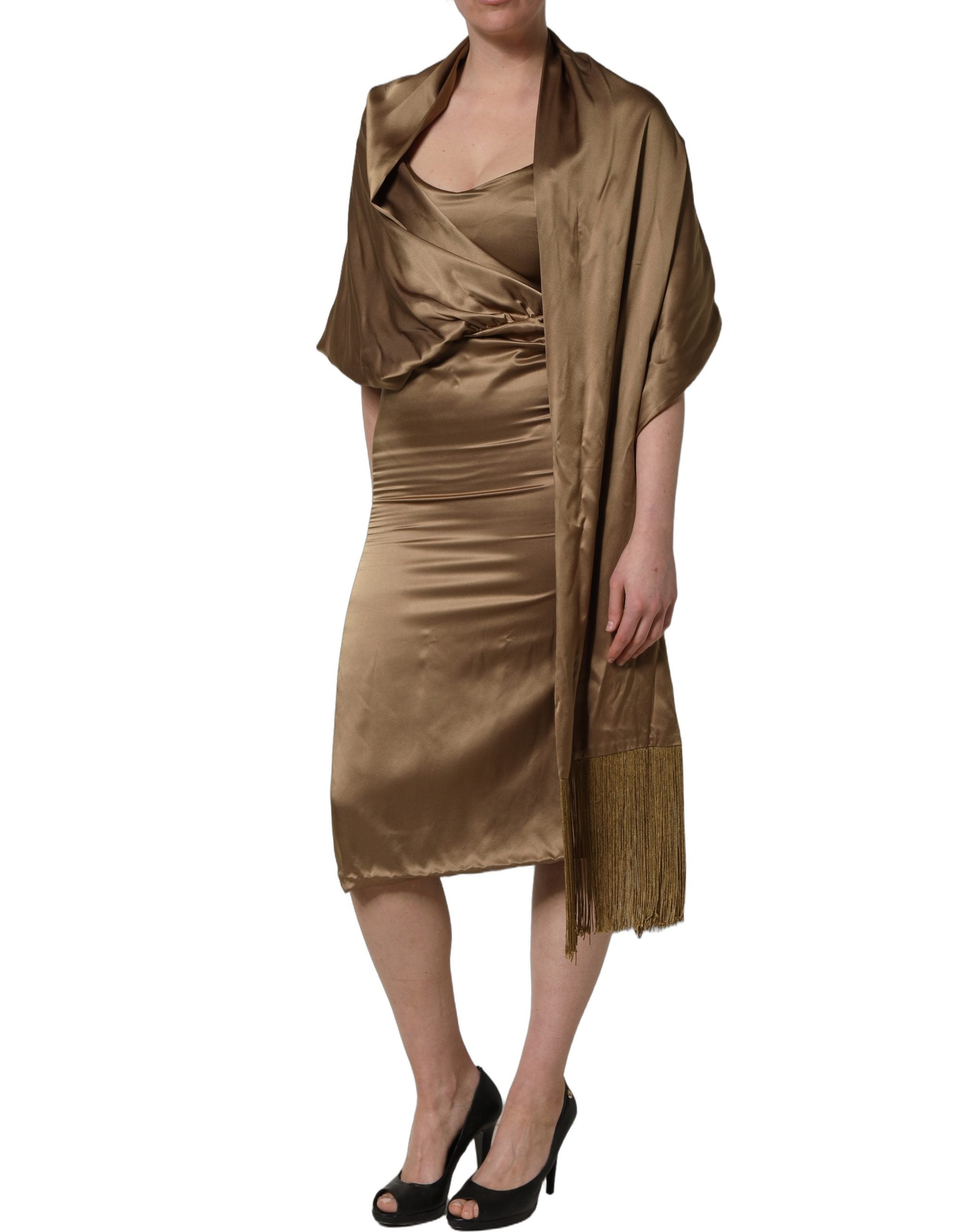Dodo Bar Or Bronze Toned Satin Fringe Hemmed Shawl Midi Dress