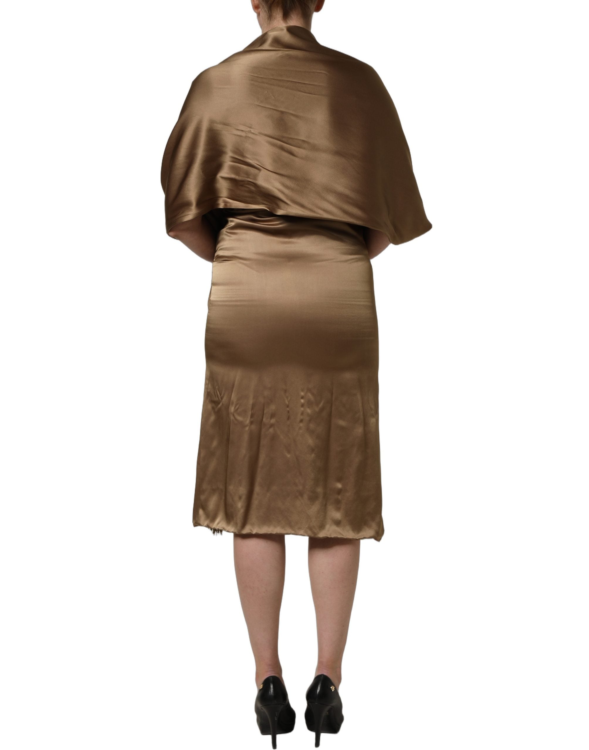 Dodo Bar Or Bronze Toned Satin Fringe Hemmed Shawl Midi Dress