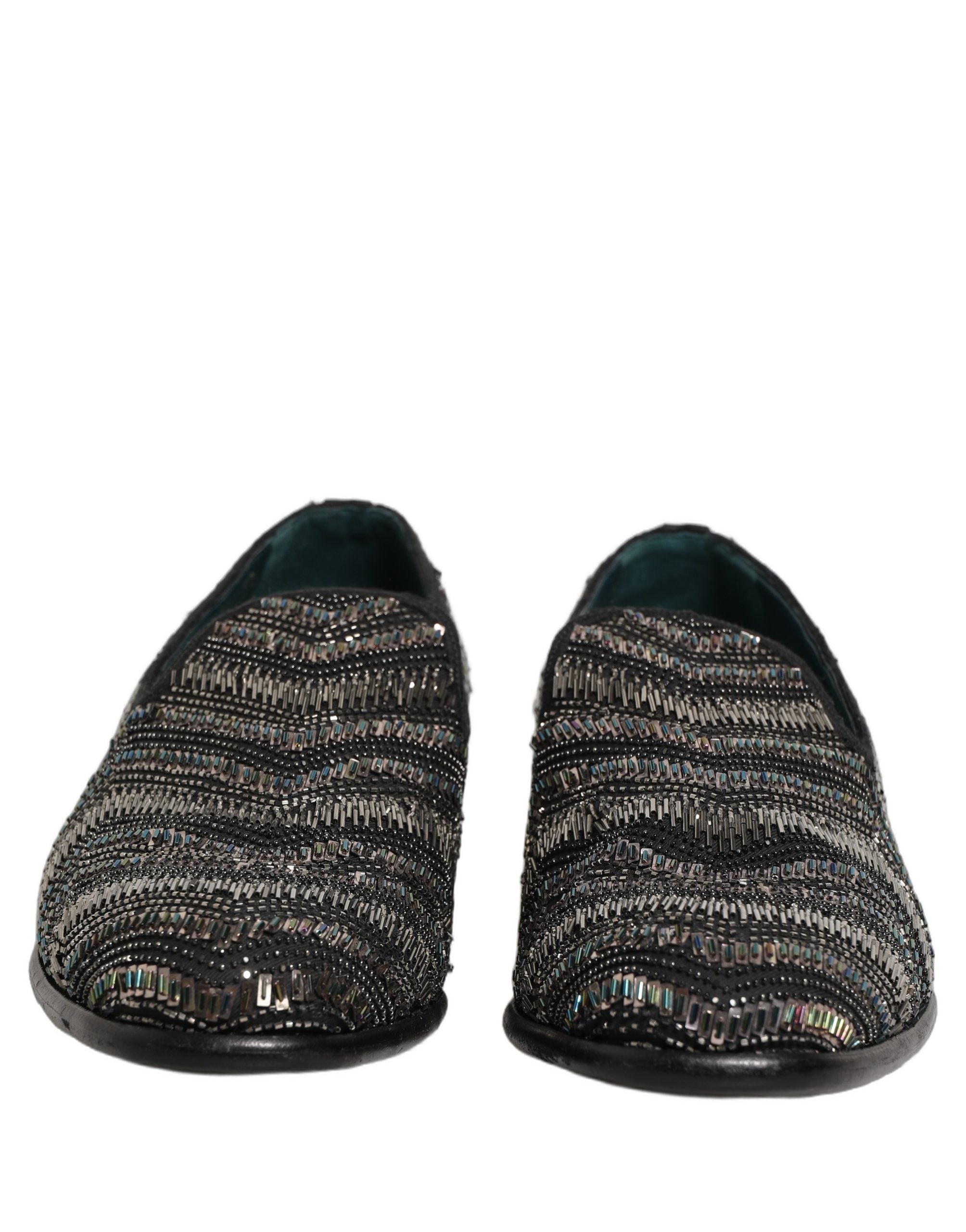 Dolce & Gabbana Black Silver Embellished Slip On Loafers Shoes