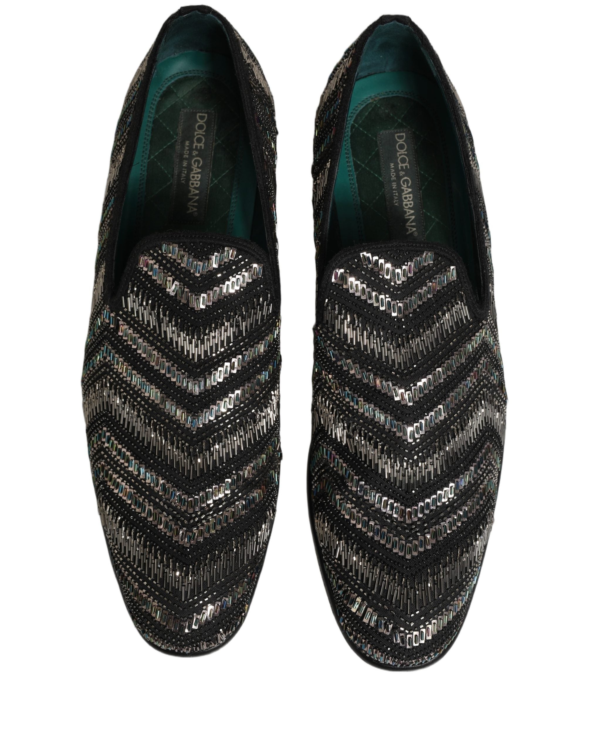Dolce & Gabbana Black Silver Embellished Slip On Loafers Shoes