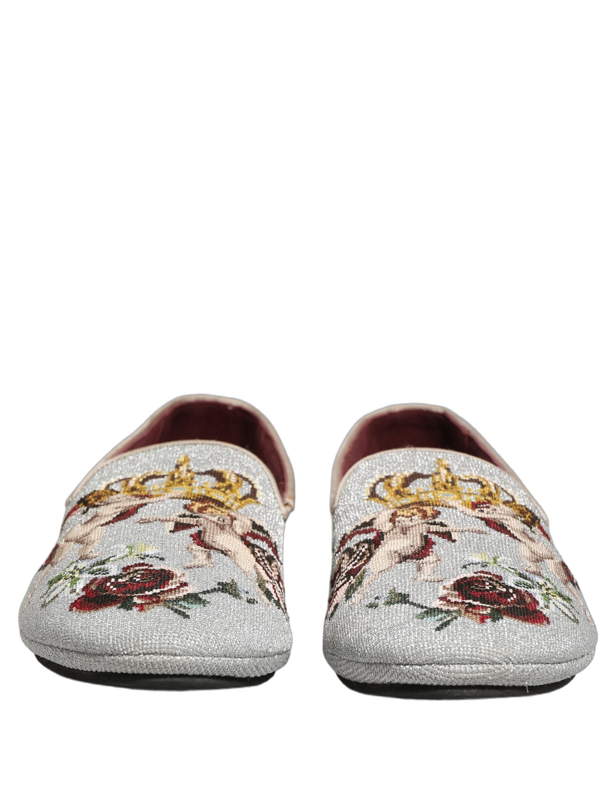 Dolce & Gabbana Gray Crown Rose Angel Embroidery Loafer Shoes