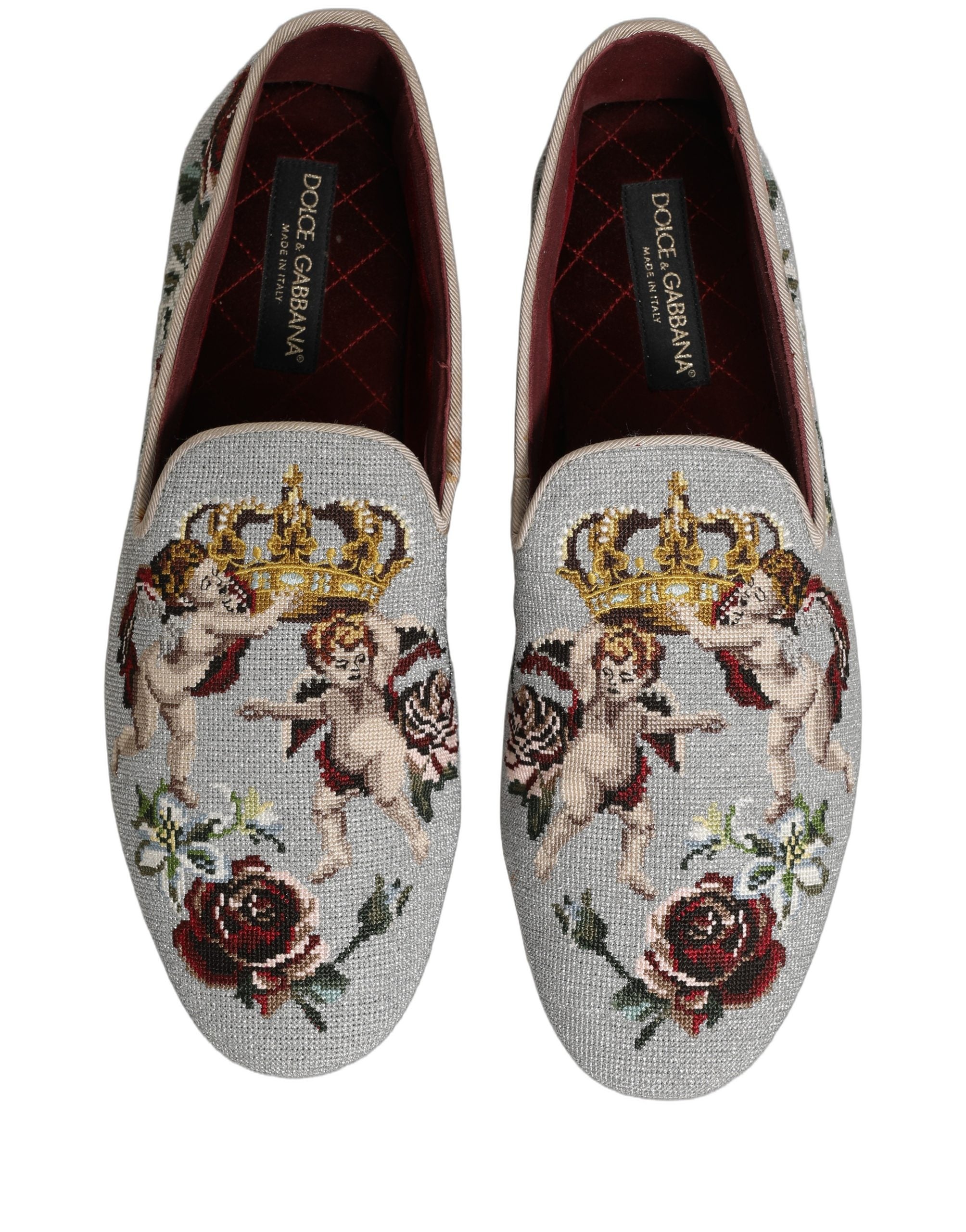 Dolce & Gabbana Gray Crown Rose Angel Embroidery Loafer Shoes
