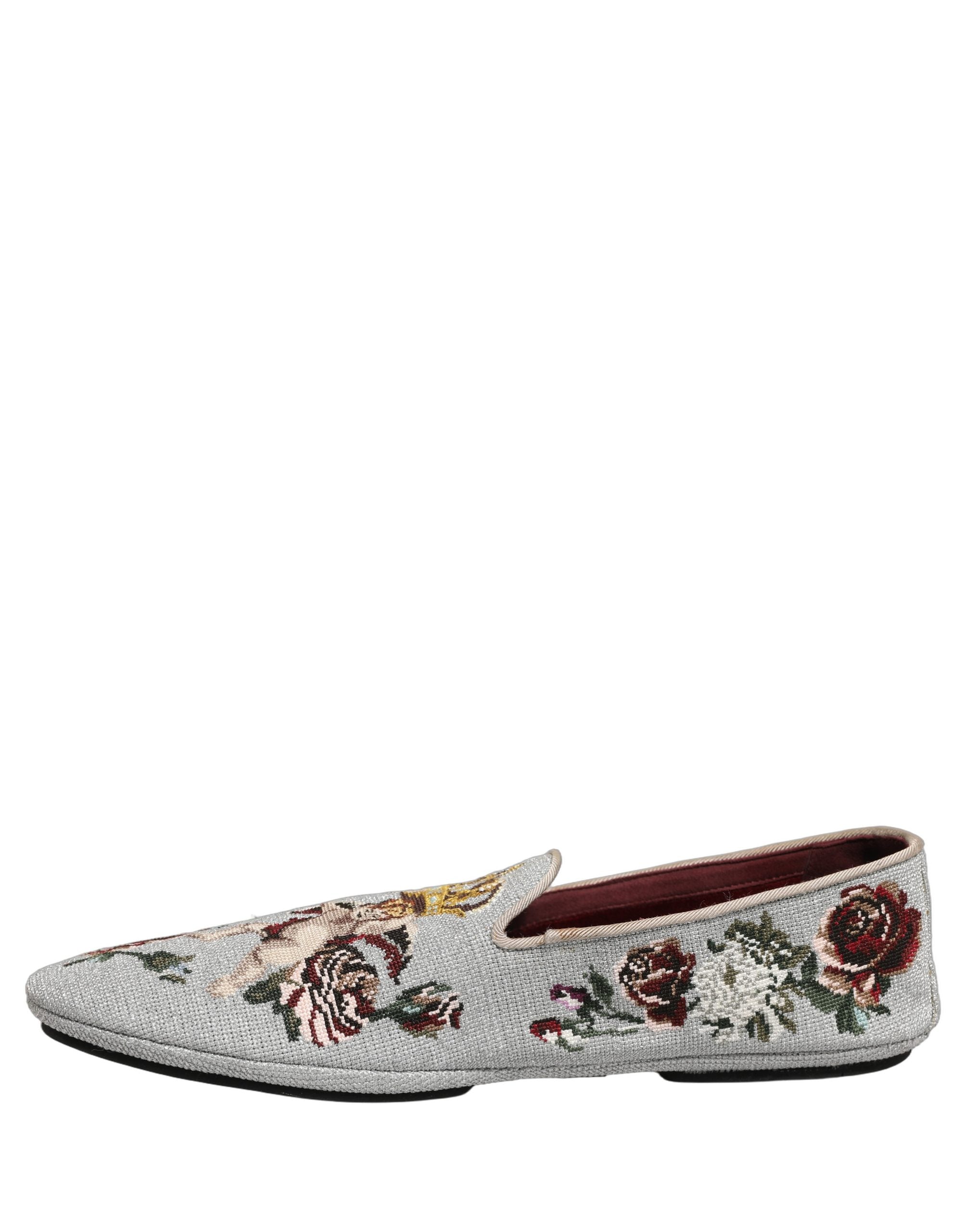 Dolce & Gabbana Gray Crown Rose Angel Embroidery Loafer Shoes