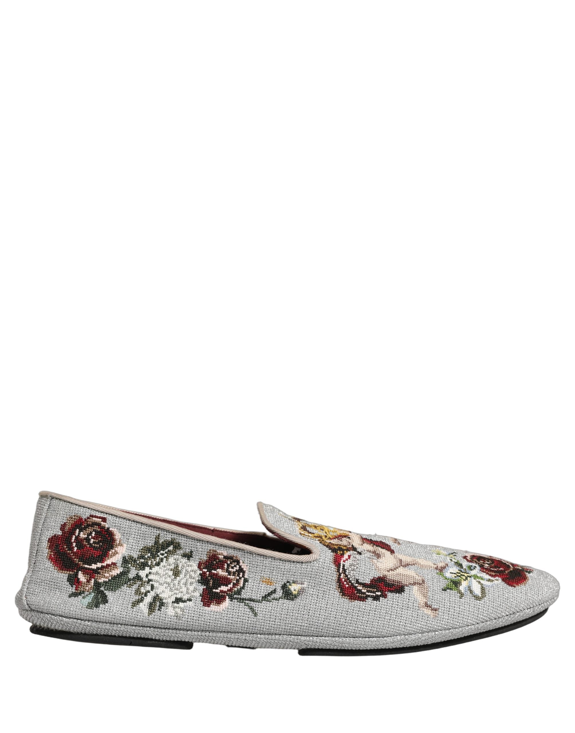 Dolce & Gabbana Gray Crown Rose Angel Embroidery Loafer Shoes