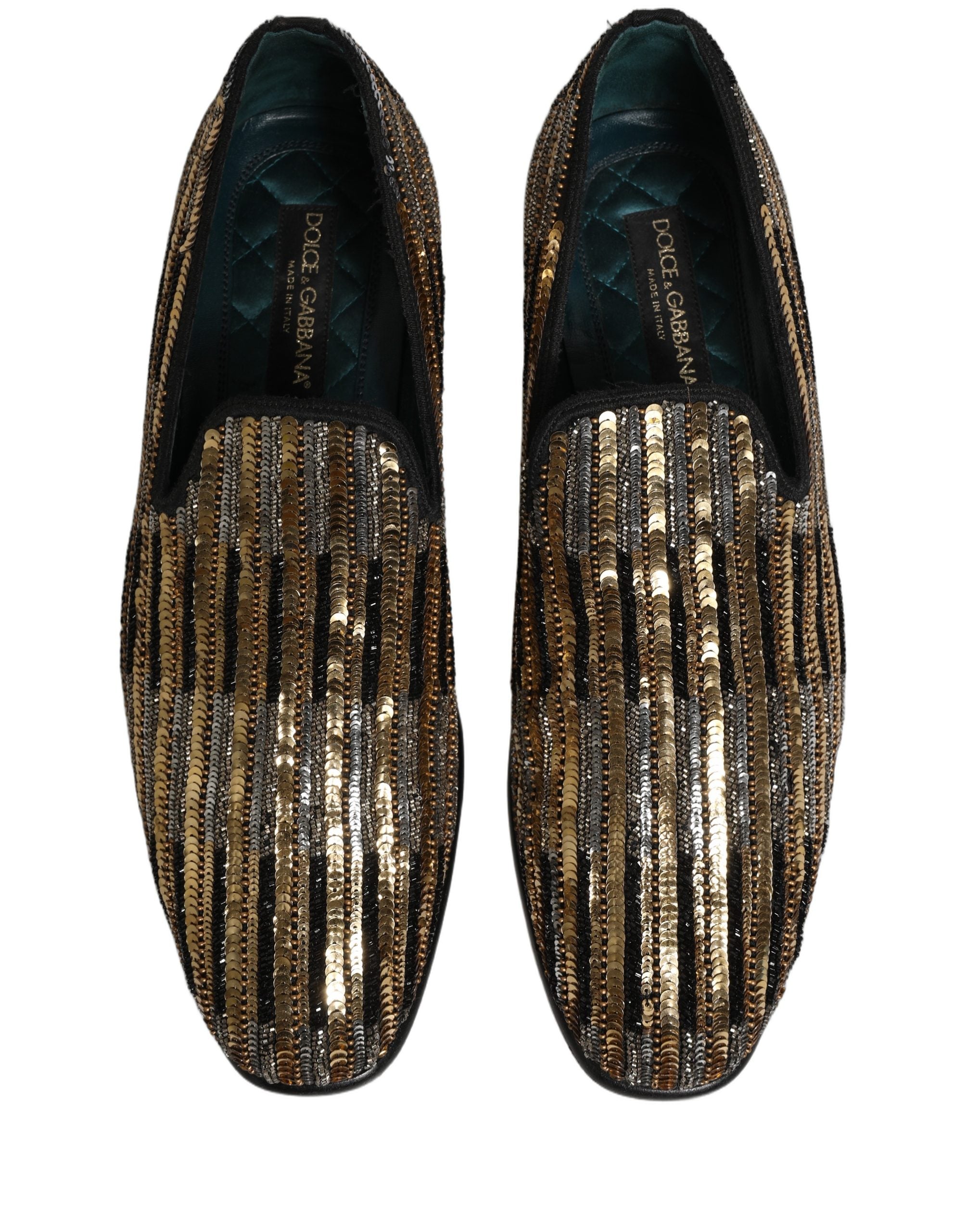 Dolce & Gabbana Gold Striped Sequin Embellished Loafer Shoes