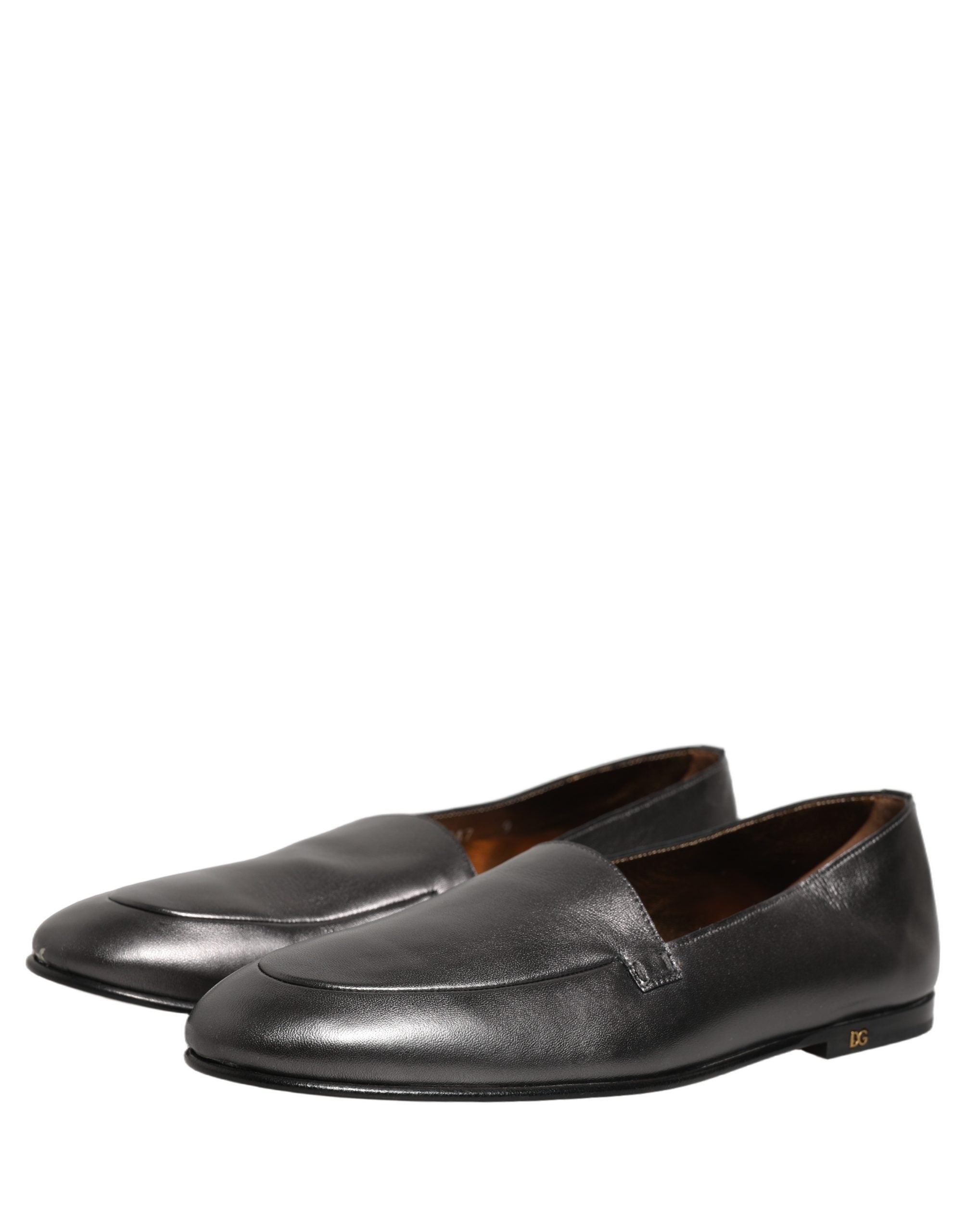 Dolce & Gabbana Silver Leather DG Logo Slip On Loafers Shoes