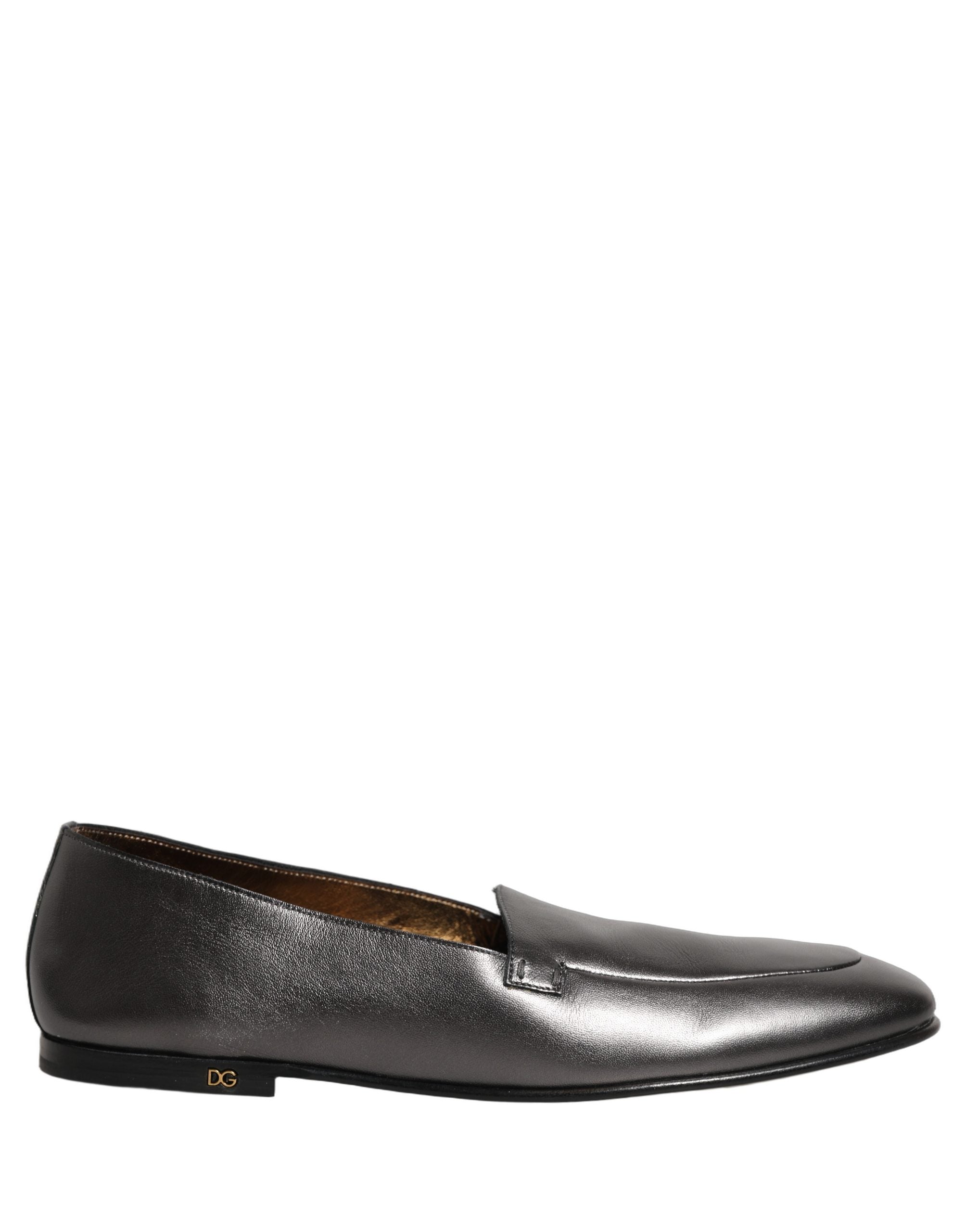 Dolce & Gabbana Silver Leather DG Logo Slip On Loafers Shoes
