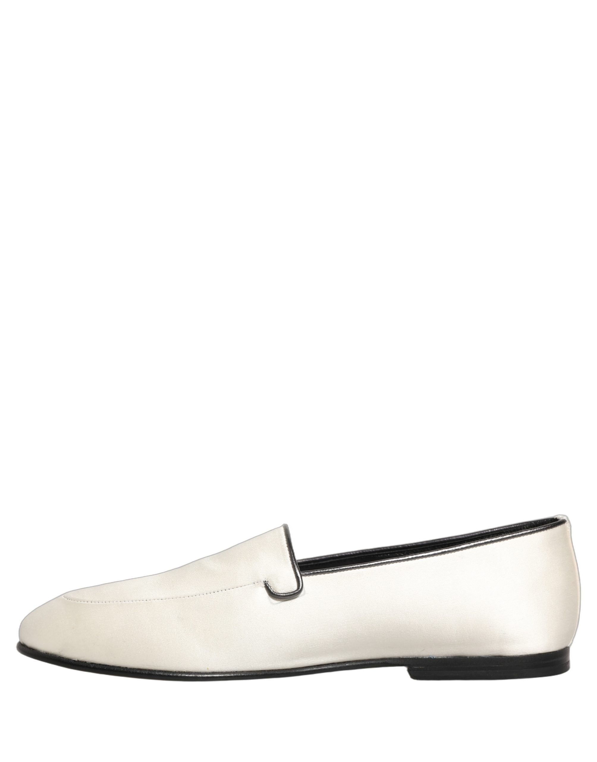 Dolce & Gabbana White Satin Logo Slip On Flats Loafers Shoes