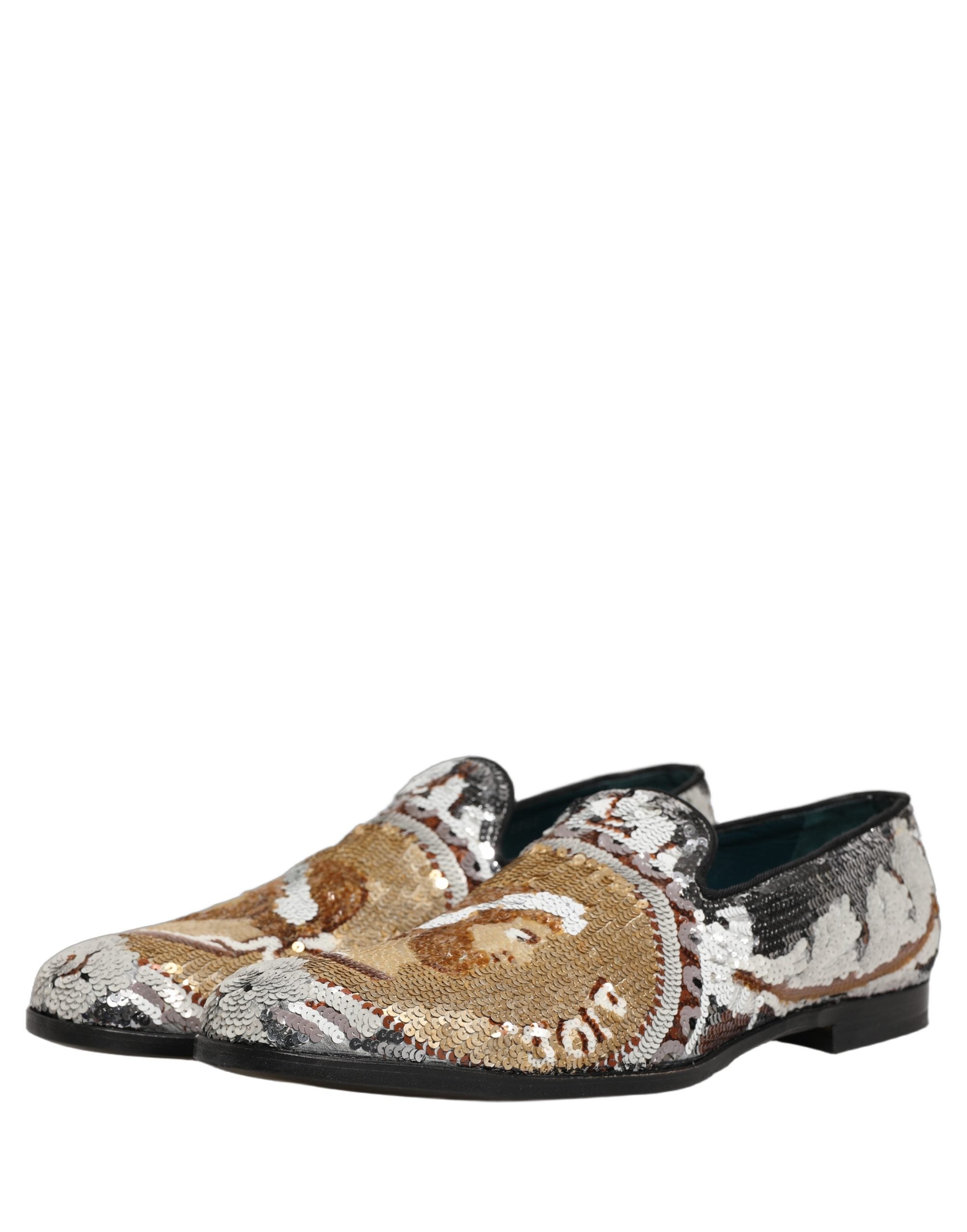 Dolce & Gabbana White Gold Sequined Slip On Loafers Shoes