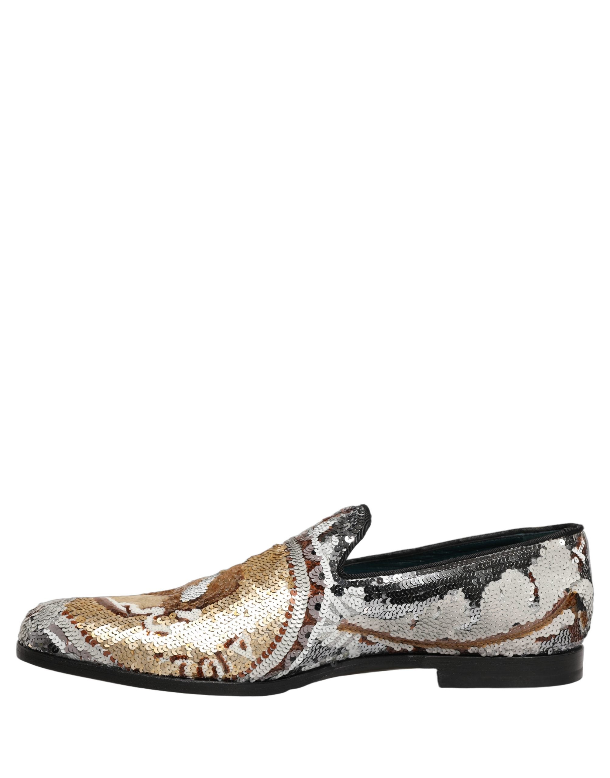 Dolce & Gabbana White Gold Sequined Slip On Loafers Shoes