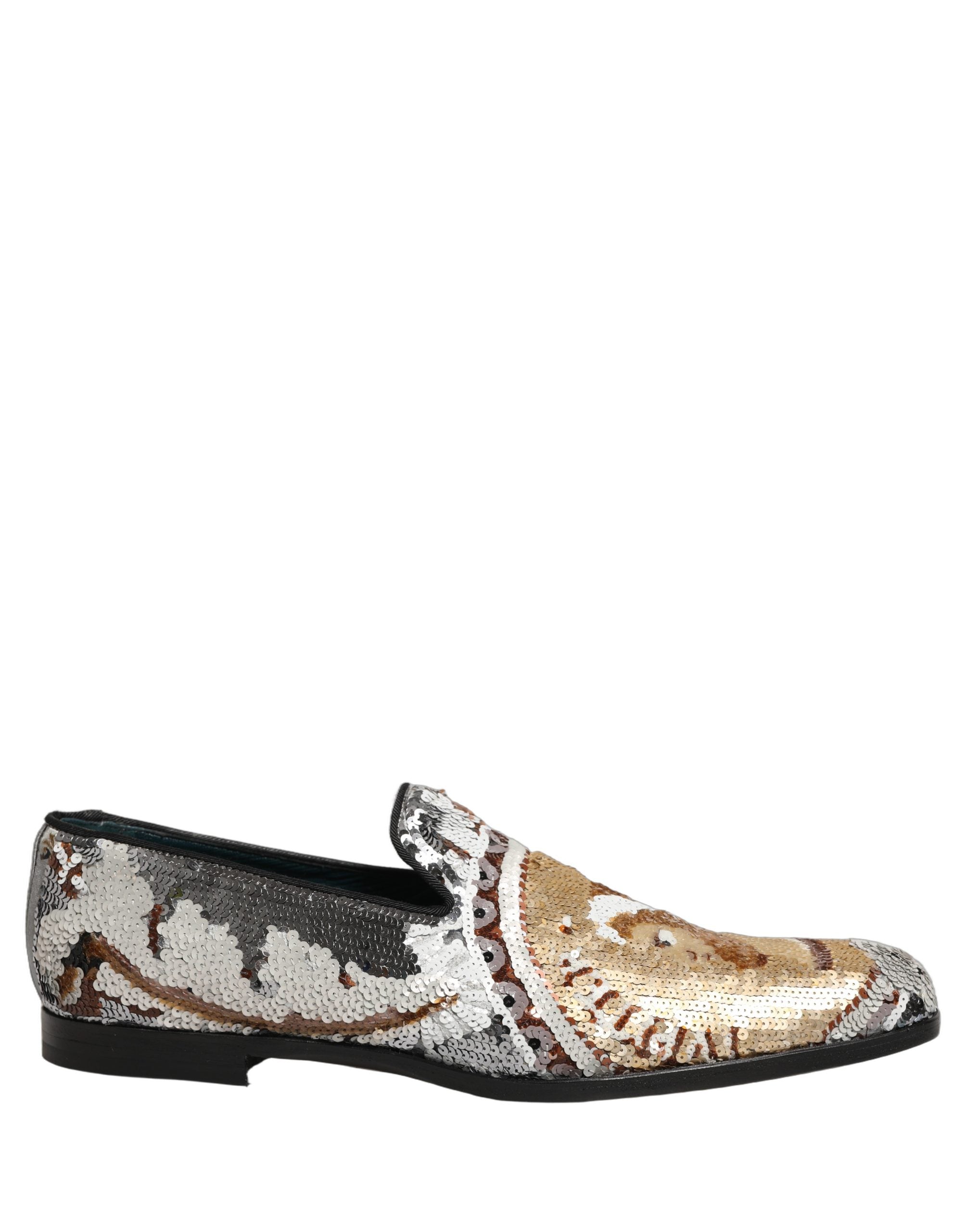 Dolce & Gabbana White Gold Sequined Slip On Loafers Shoes