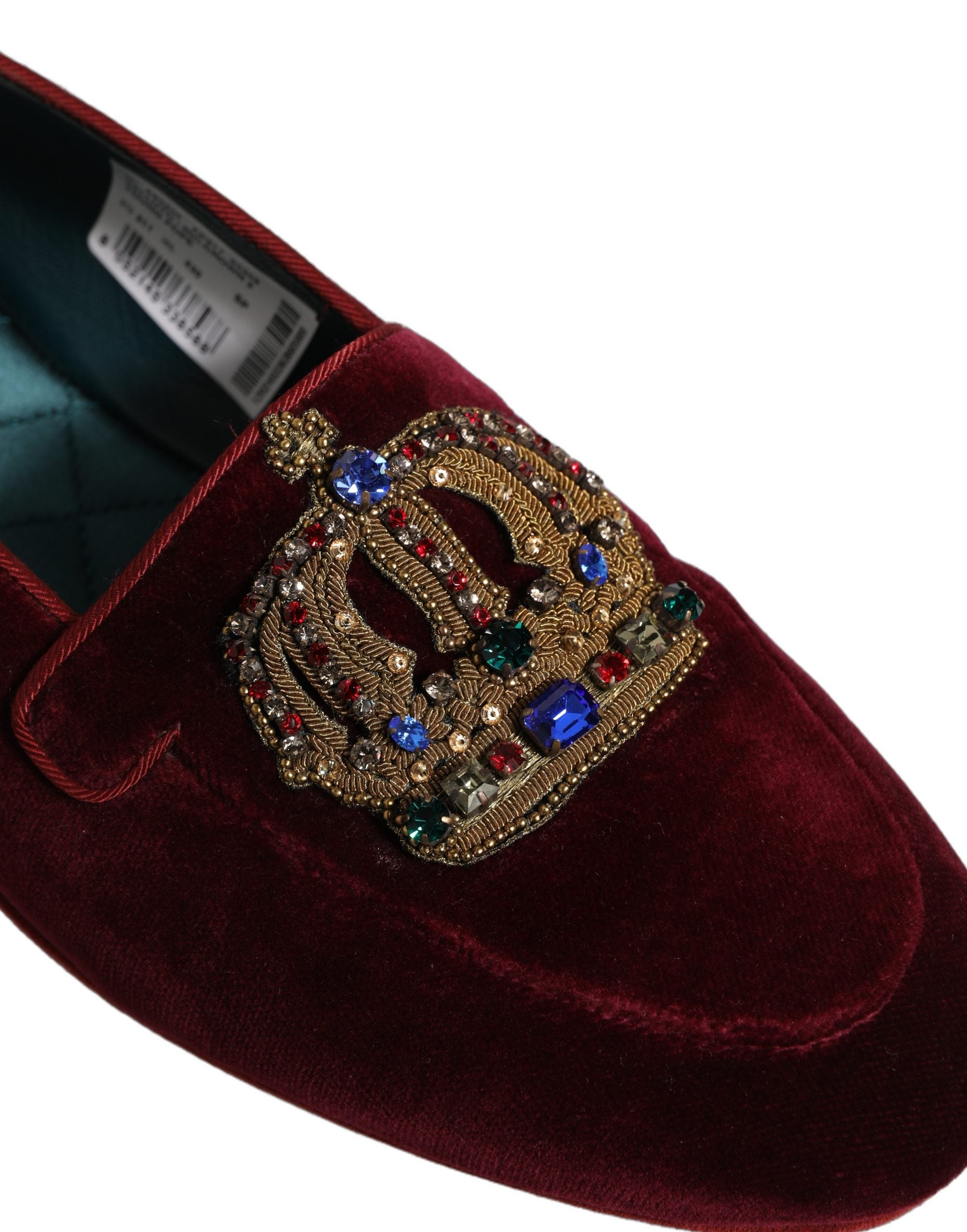 Dolce & Gabbana Burgundy Velvet Crown Slip On Loafers Shoes