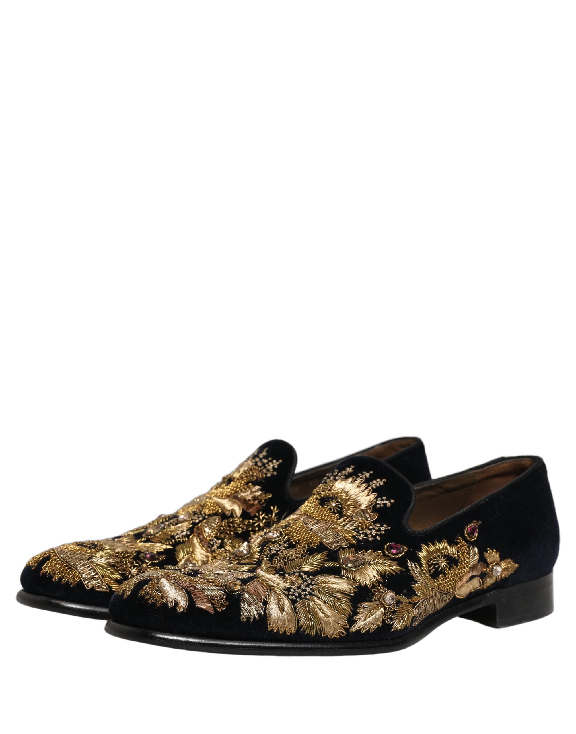 Dolce & Gabbana Black Gold Embroidery Dress Loafers Shoes