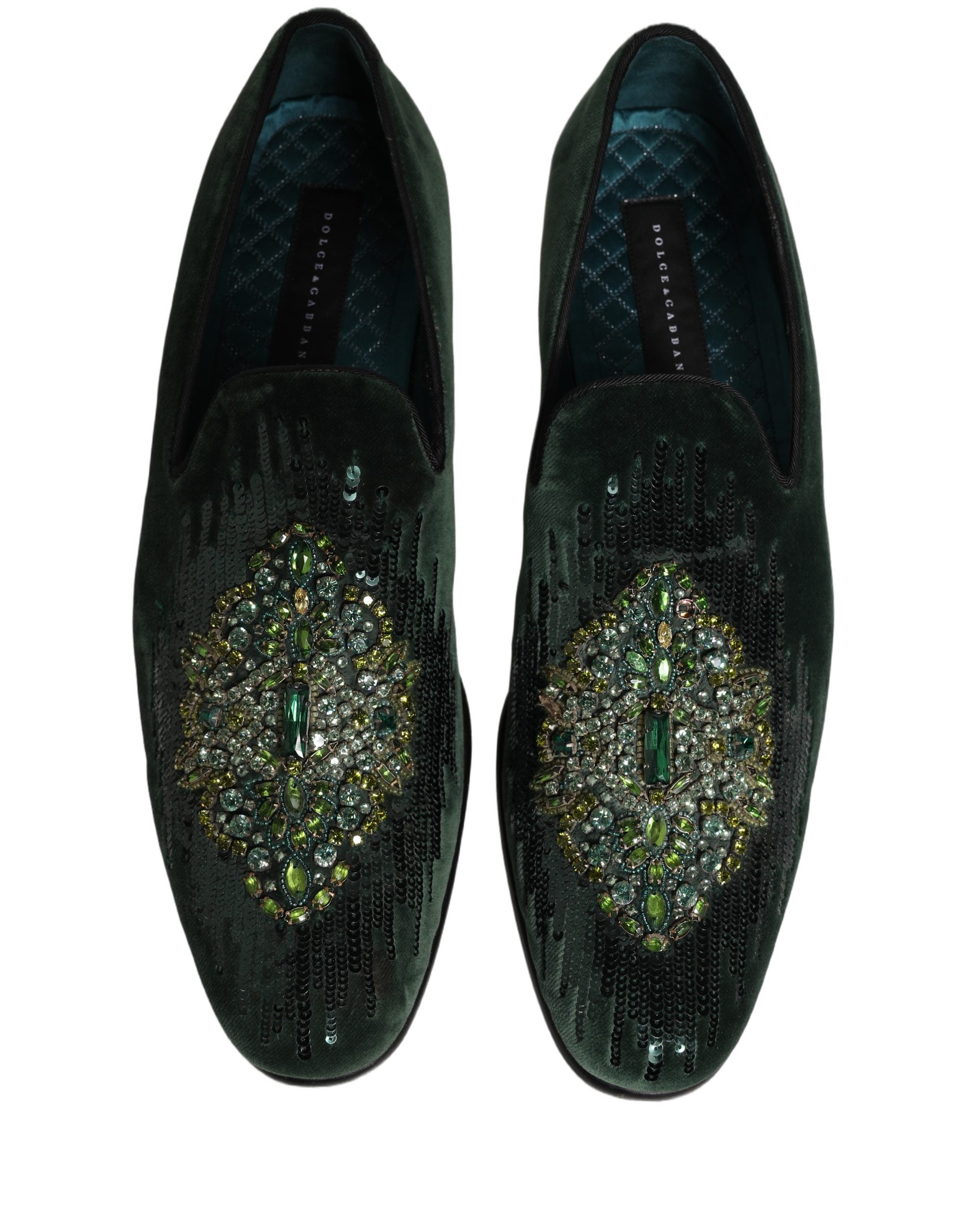 Dolce & Gabbana Green Velvet Embellished Dress Loafers Shoes