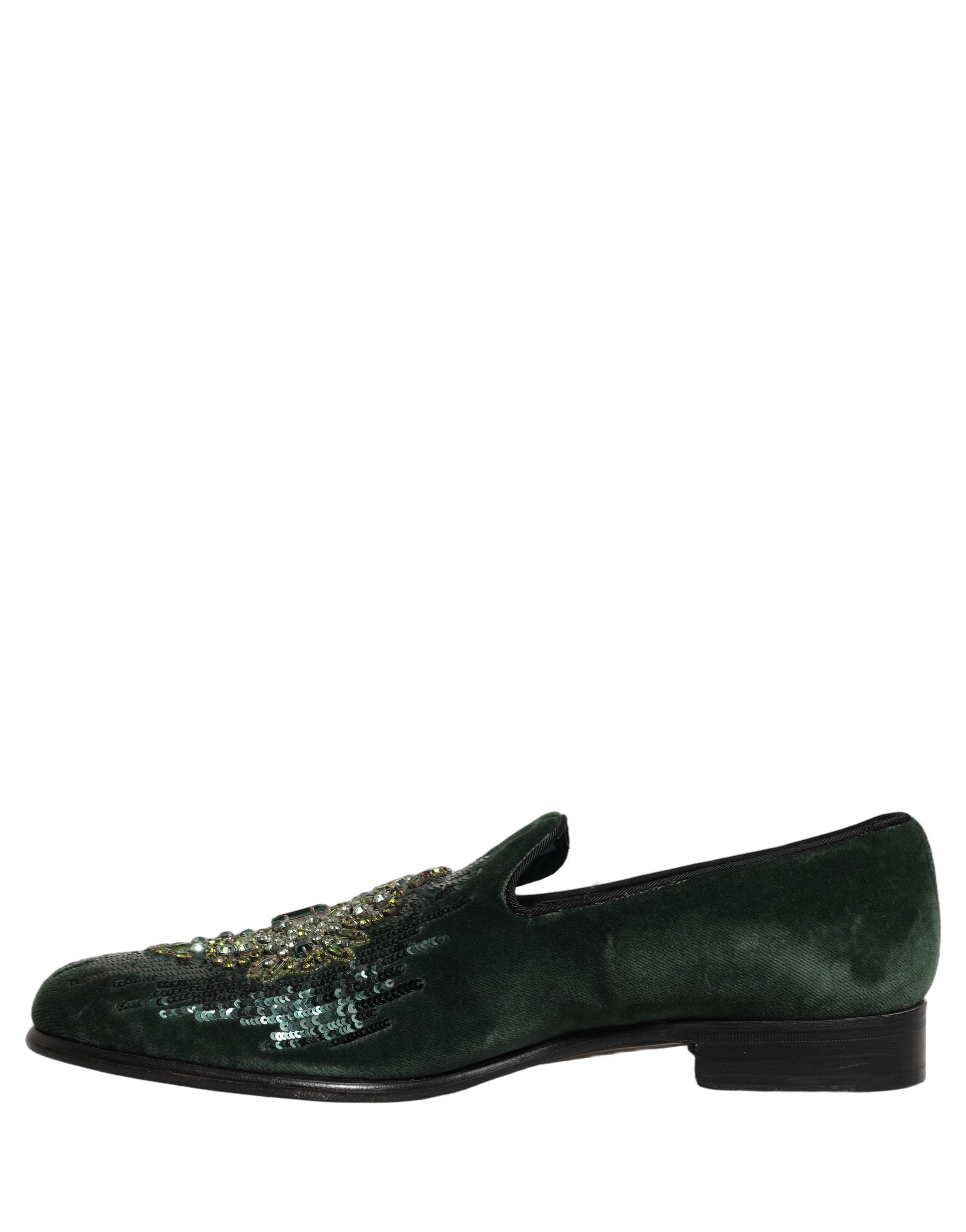 Dolce & Gabbana Green Velvet Embellished Dress Loafers Shoes
