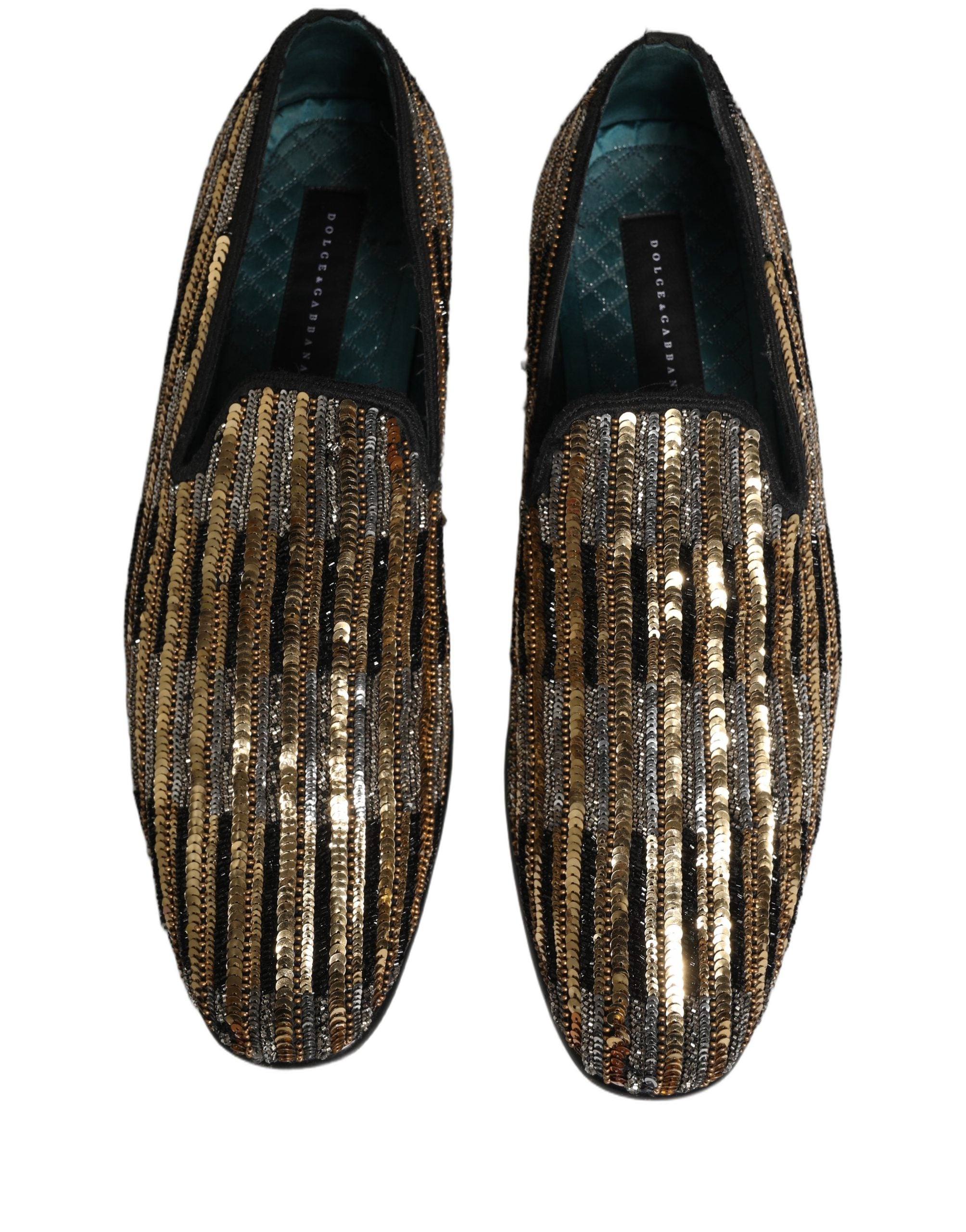 Dolce & Gabbana Gold Striped Sequin Embellished Loafer Shoes