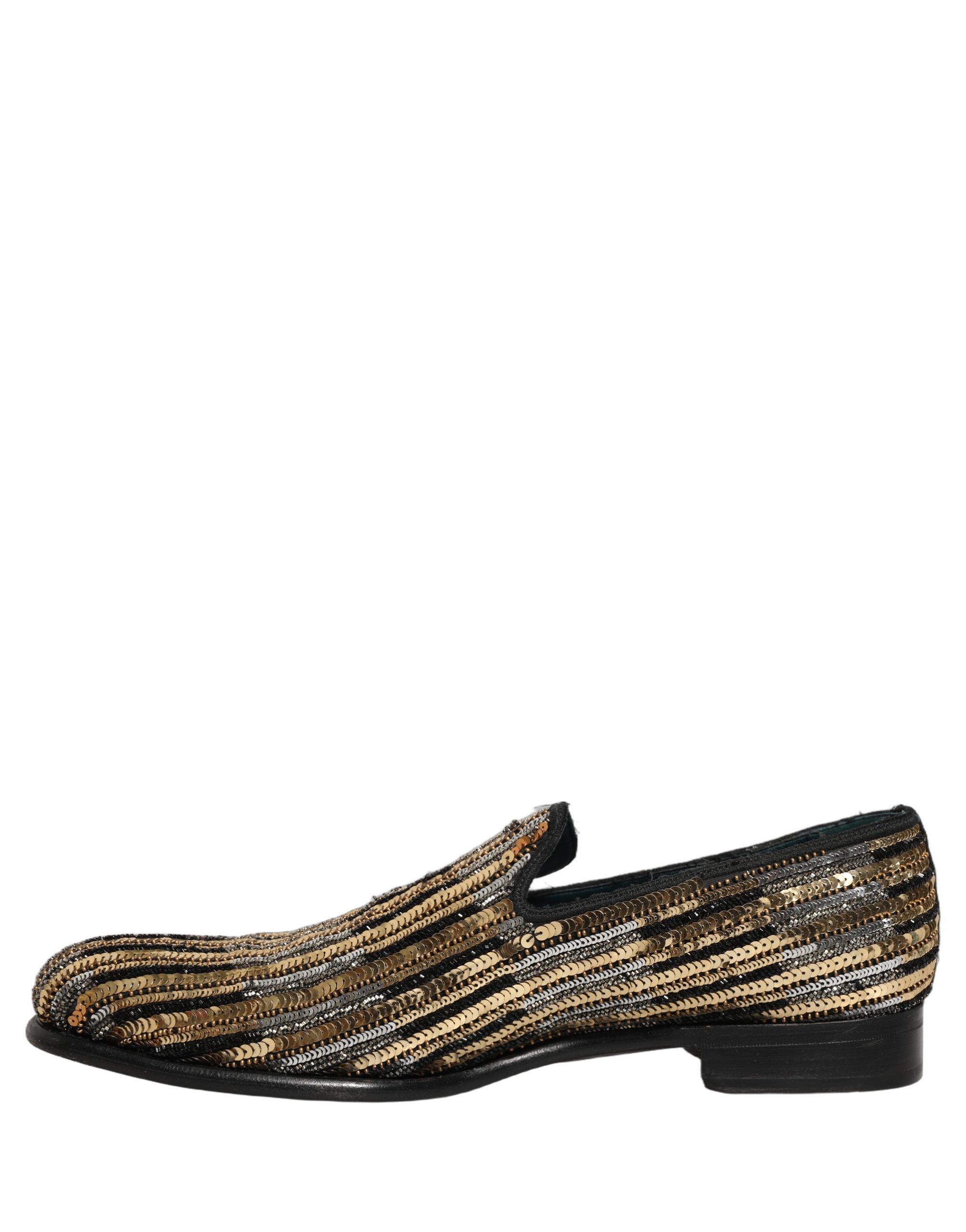 Dolce & Gabbana Gold Striped Sequin Embellished Loafer Shoes