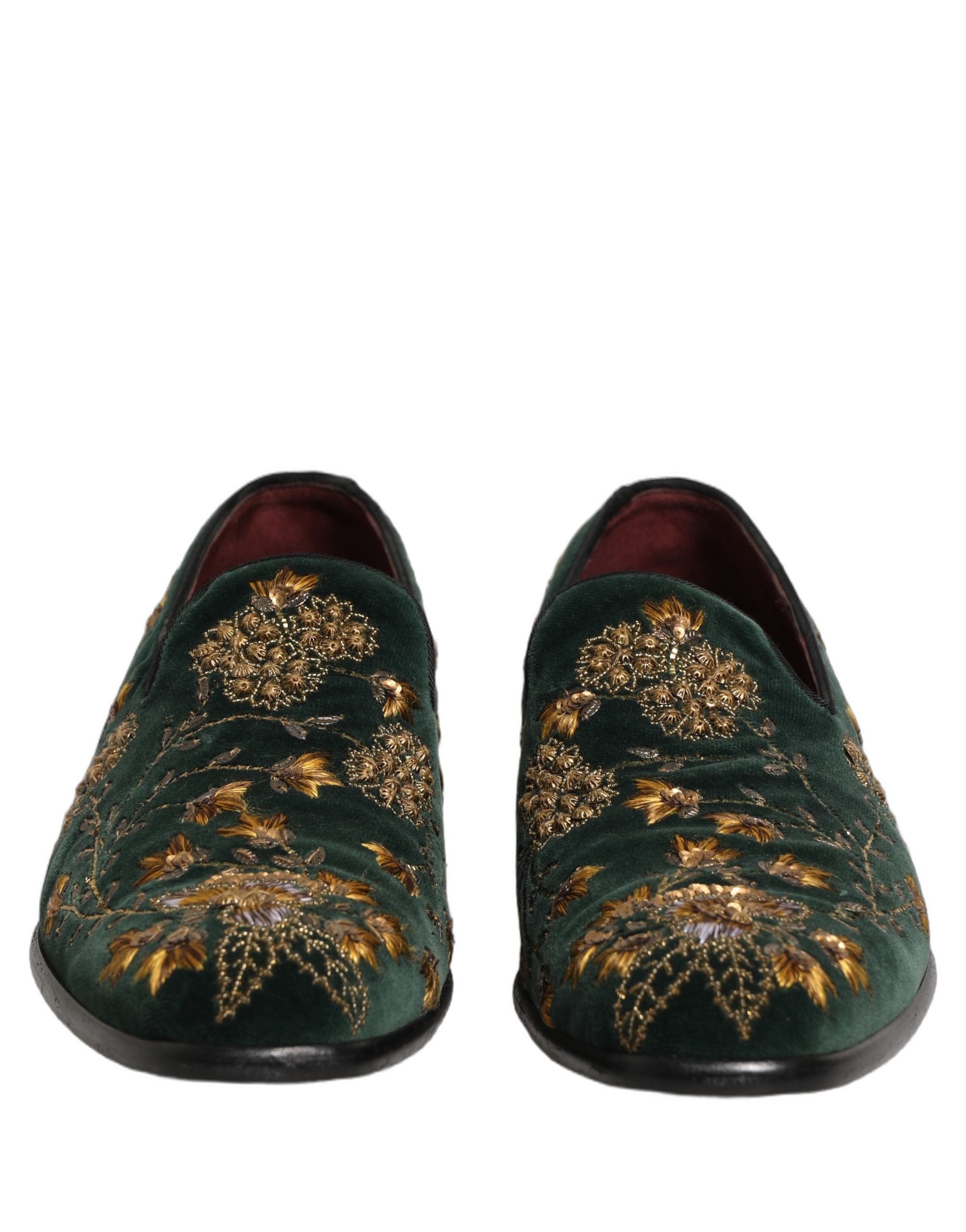 Dolce & Gabbana Green Floral Embroidery Dress Loafers Shoes