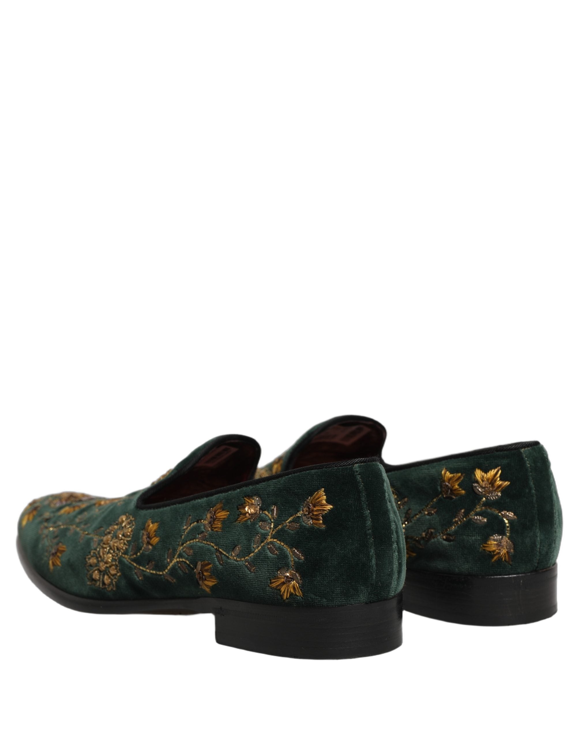 Dolce & Gabbana Green Floral Embroidery Dress Loafers Shoes