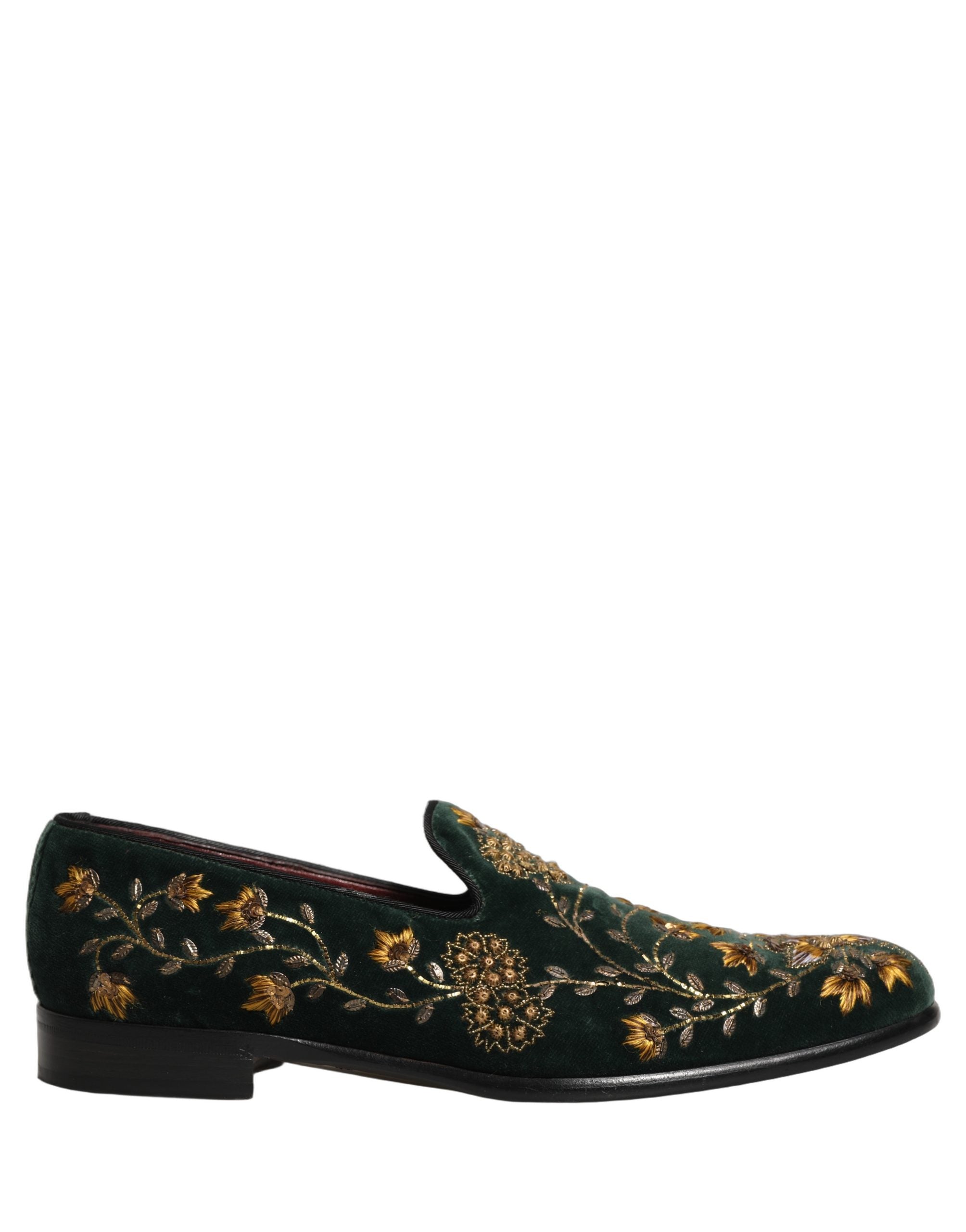 Dolce & Gabbana Green Floral Embroidery Dress Loafers Shoes
