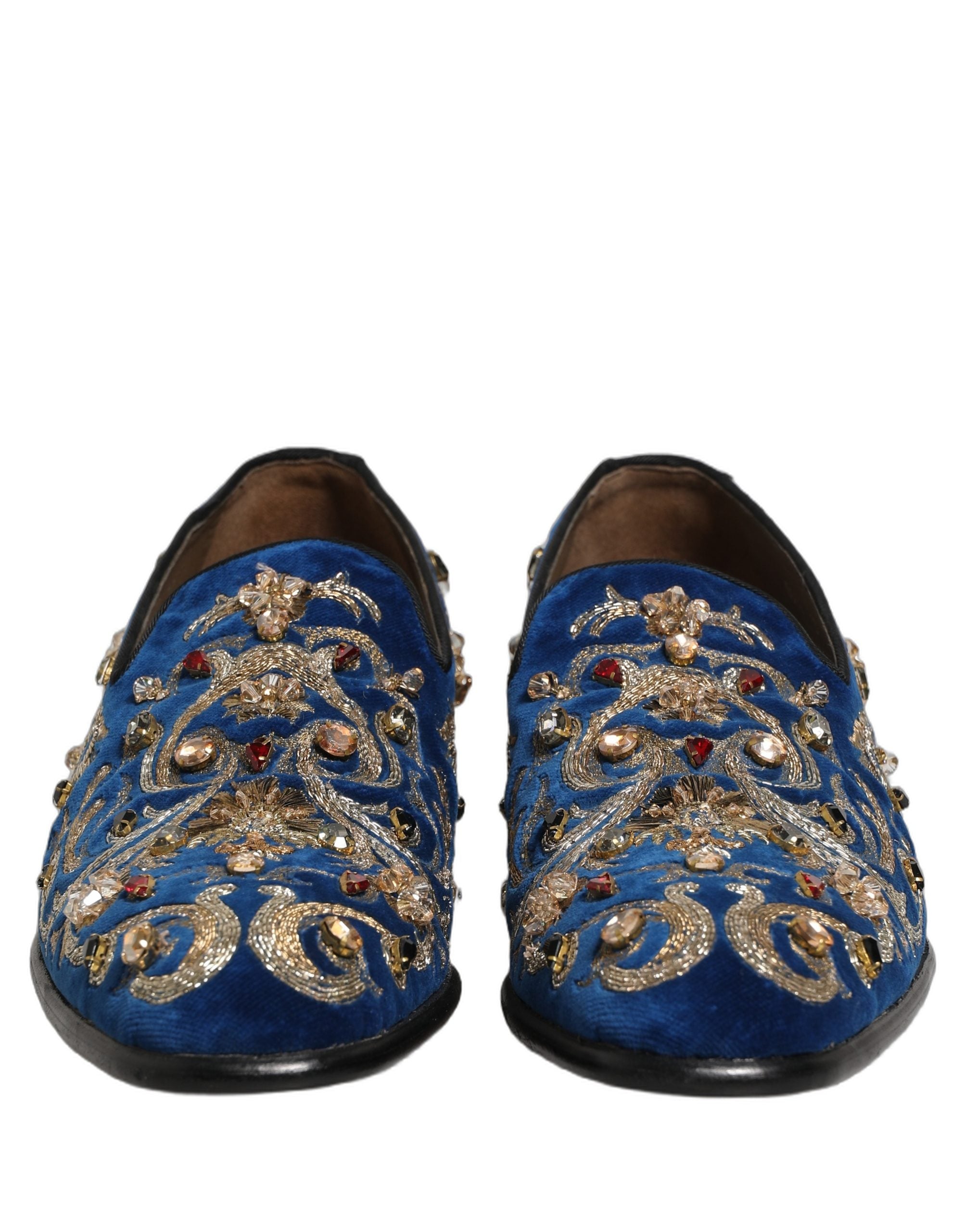 Dolce & Gabbana Blue Velvet Embellished Dress Loafers Shoes