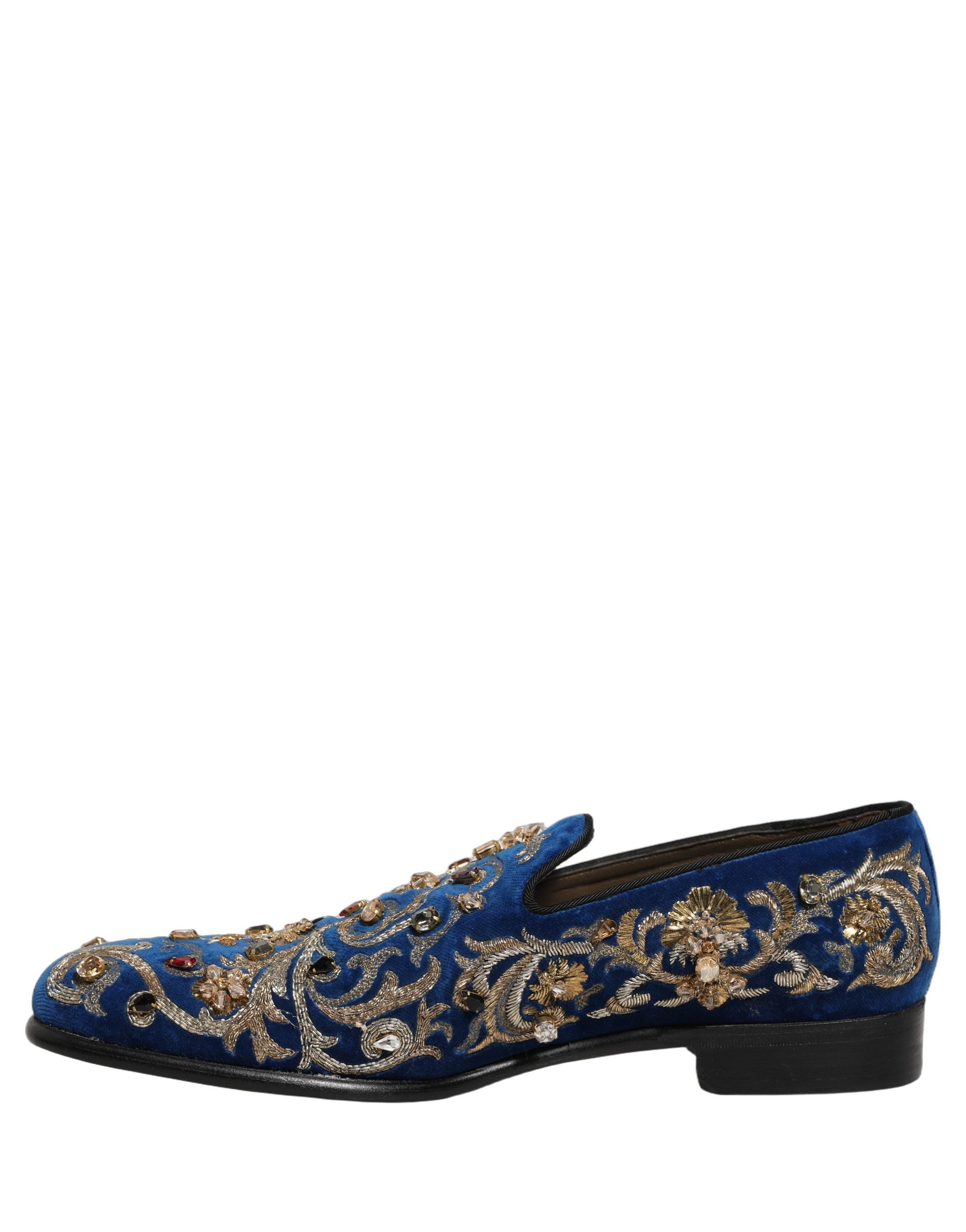 Dolce & Gabbana Blue Velvet Embellished Dress Loafers Shoes