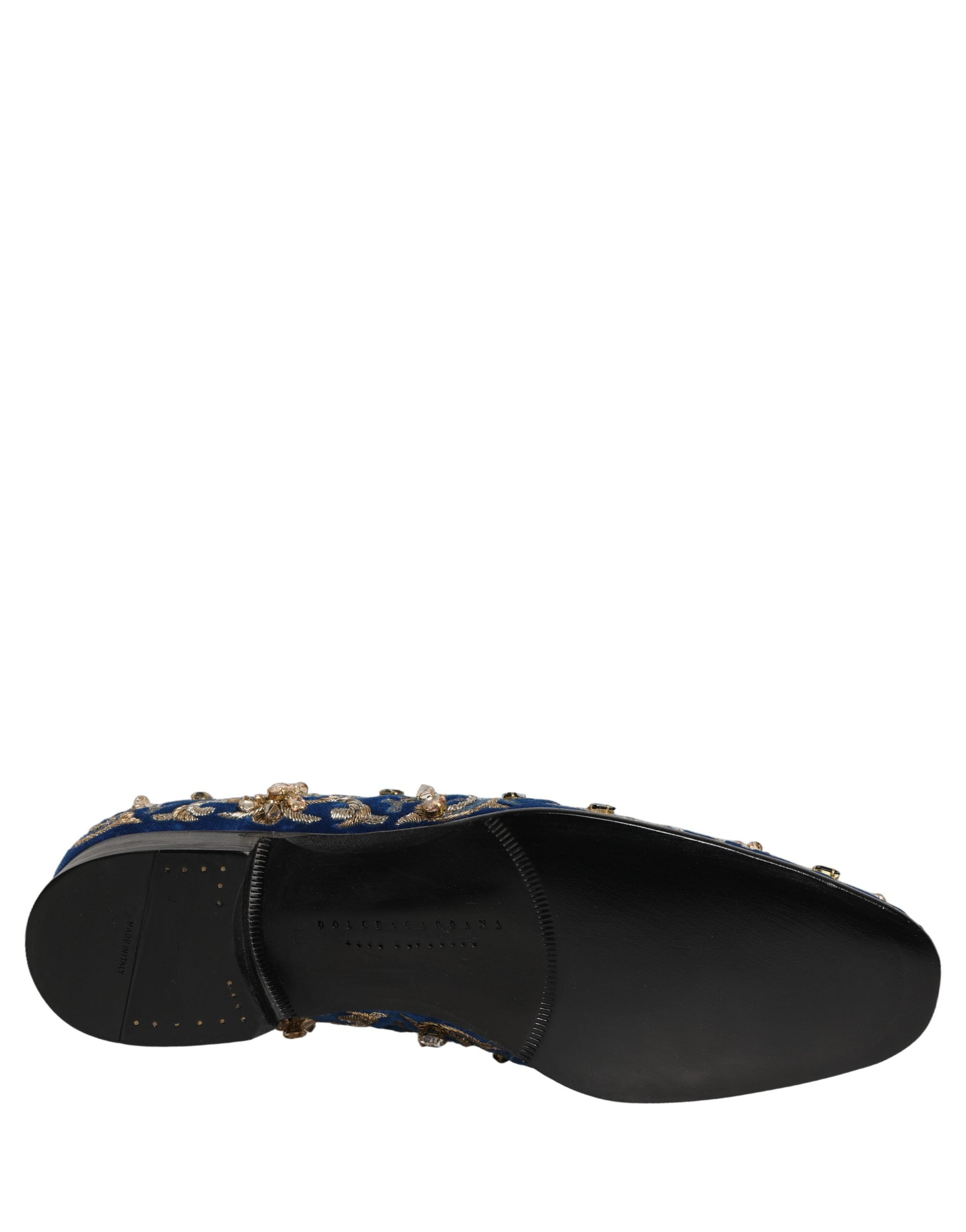 Dolce & Gabbana Blue Velvet Embellished Dress Loafers Shoes