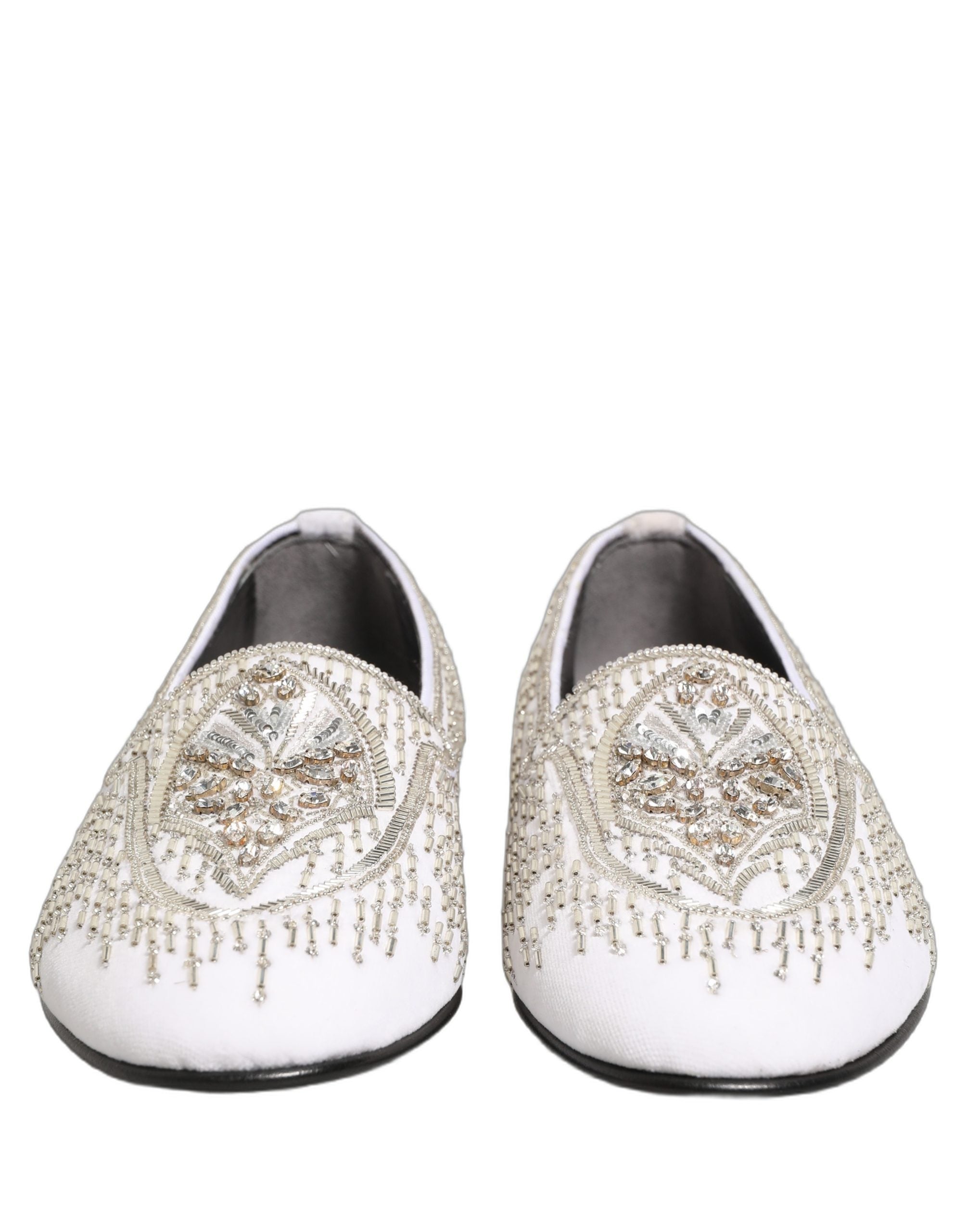 Dolce & Gabbana White Satin Embellished Dress Loafers Shoes