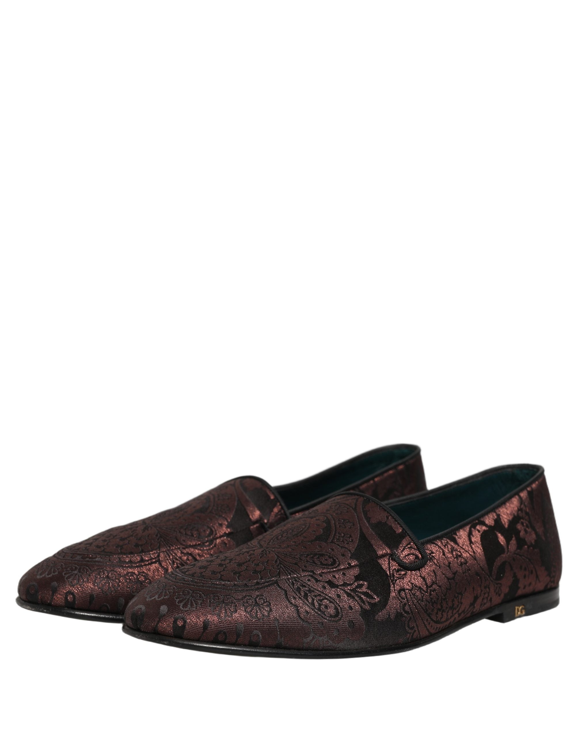 Dolce & Gabbana Maroon Jacquard Leather Slip On Loafers Shoes