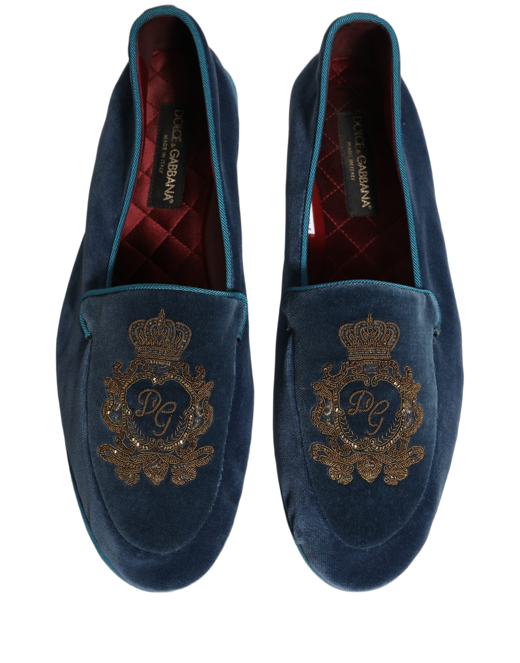 Dolce & Gabbana Blue Velvet Crown Embroidery Loafers Shoes