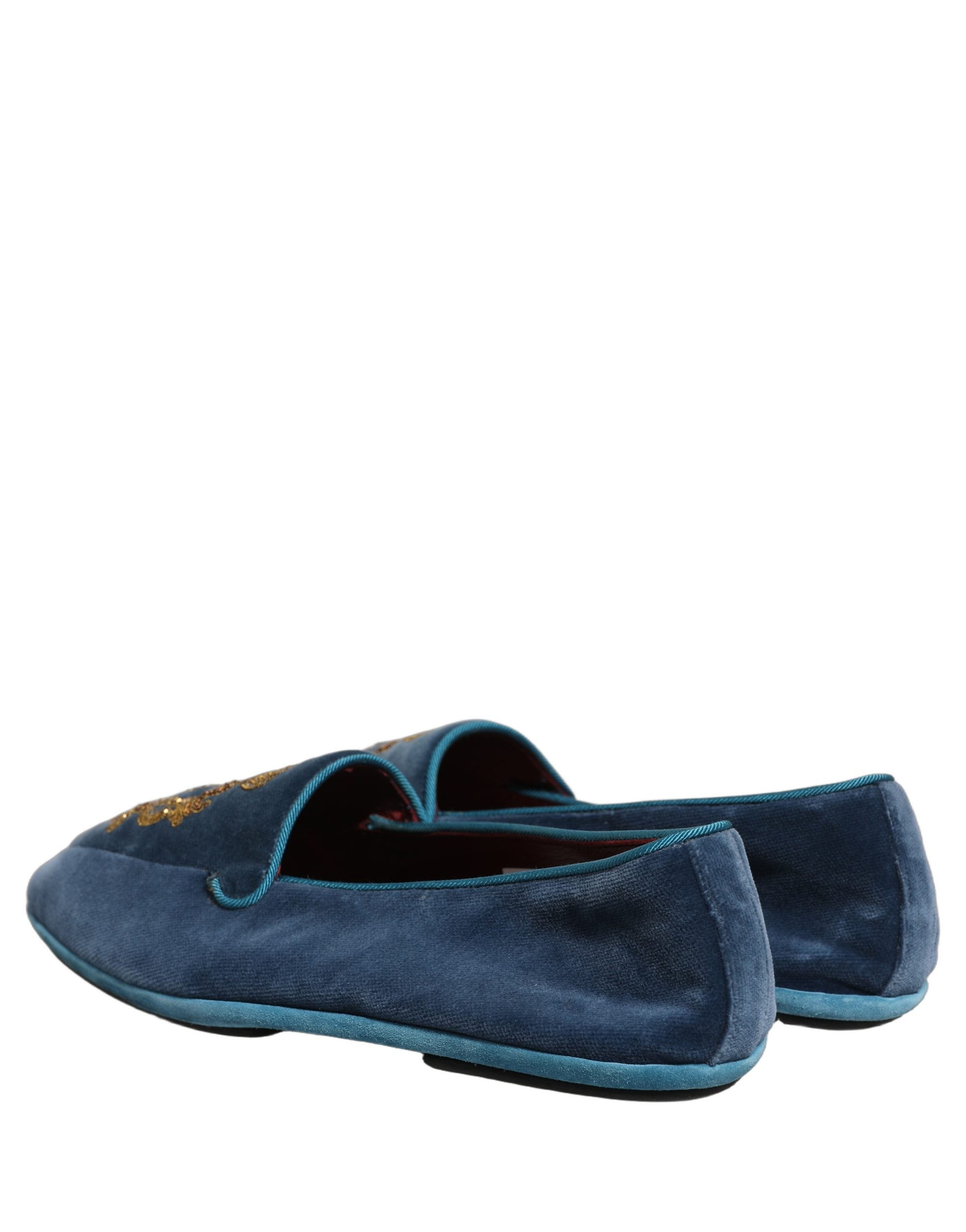Dolce & Gabbana Blue Velvet Crown Embroidery Loafers Shoes