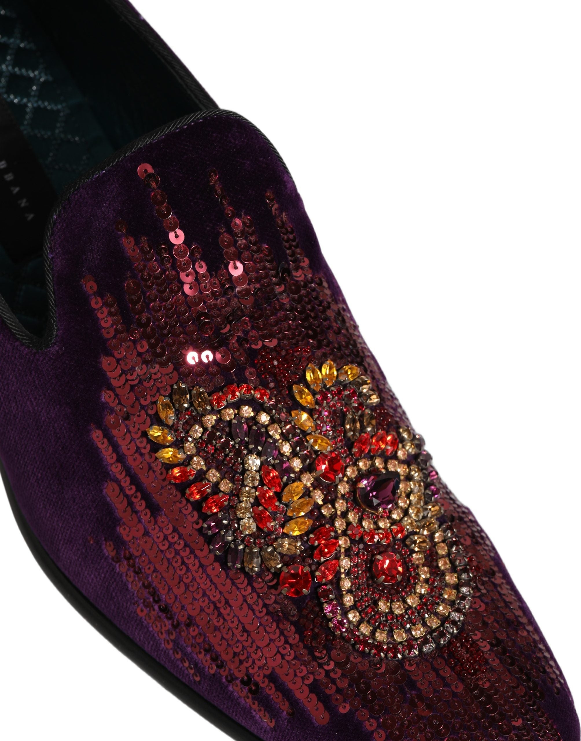 Dolce & Gabbana Violet Velvet Rhinestone Sequin Loafers Shoes