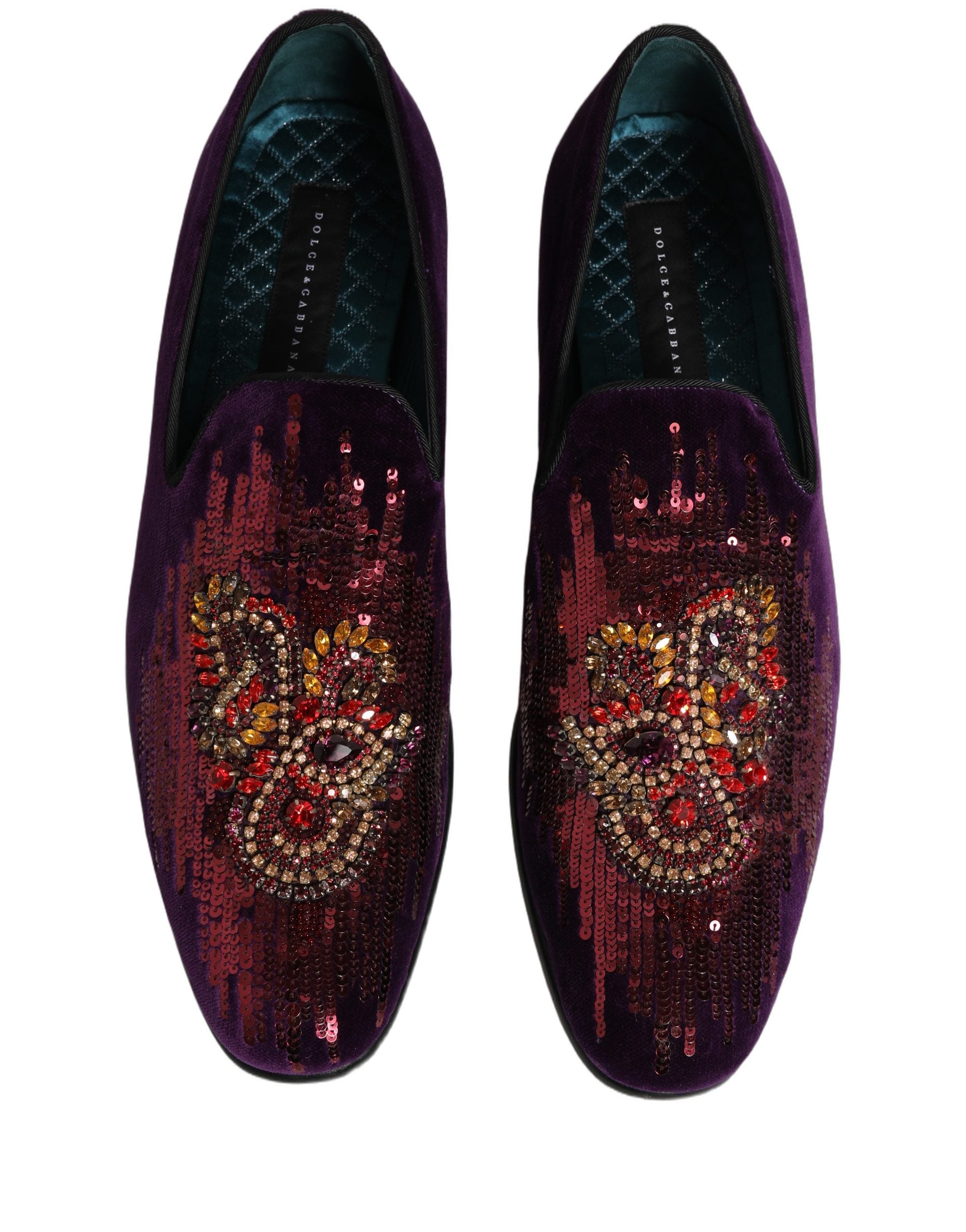Dolce & Gabbana Violet Velvet Rhinestone Sequin Loafers Shoes
